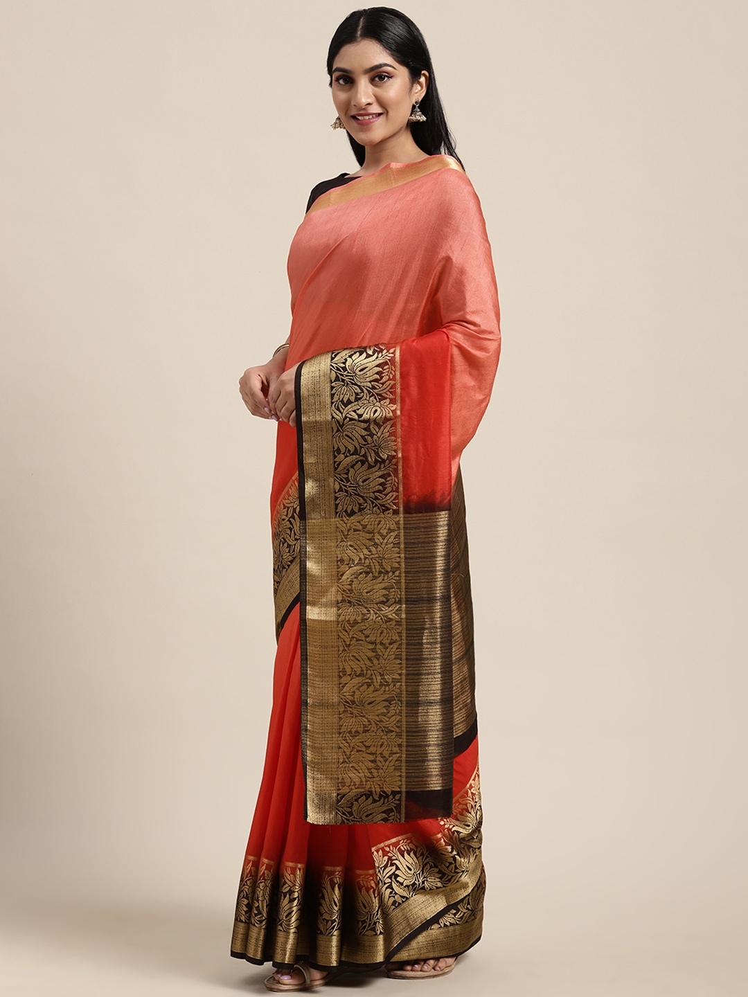 

Shaily Coral Red & Gold-Toned Silk Blend Ombre Dyed Saree