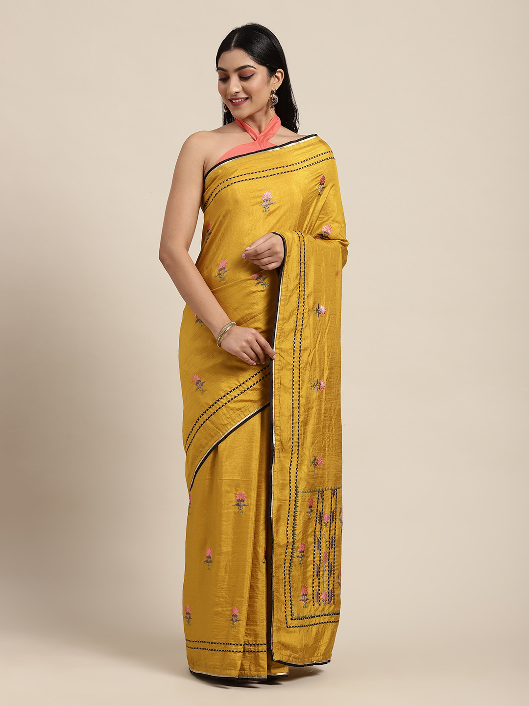 

Shaily Mustard Yellow & Pink Floral Embroidered Saree