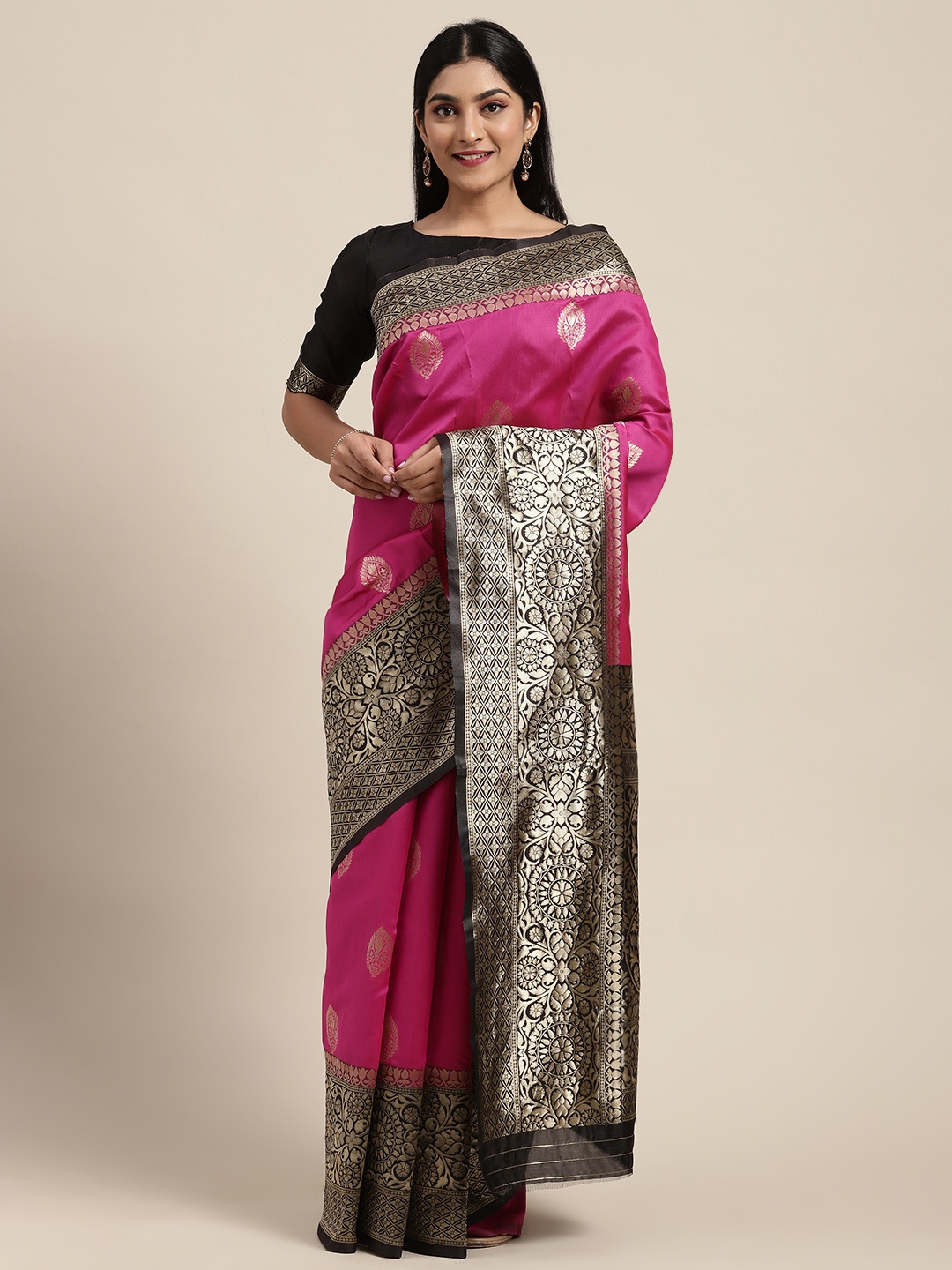 

Shaily Pink & Gold-Toned Woven Design Saree