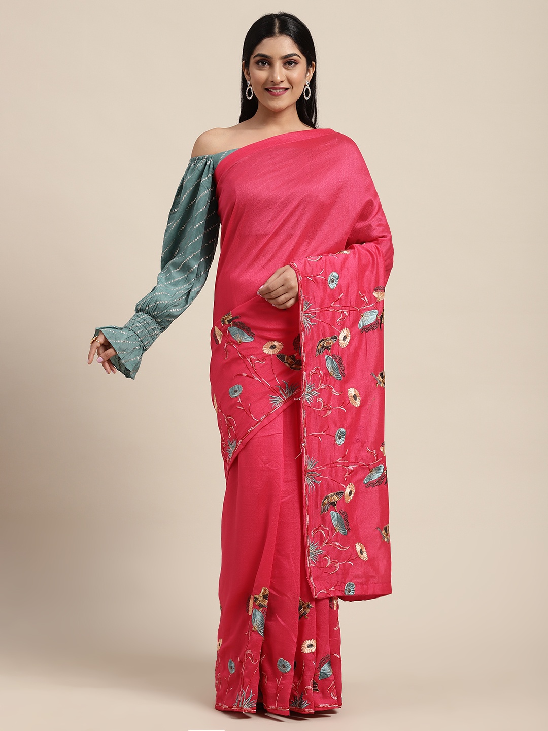 

Shaily Pink Floral Embroidered Detail Saree