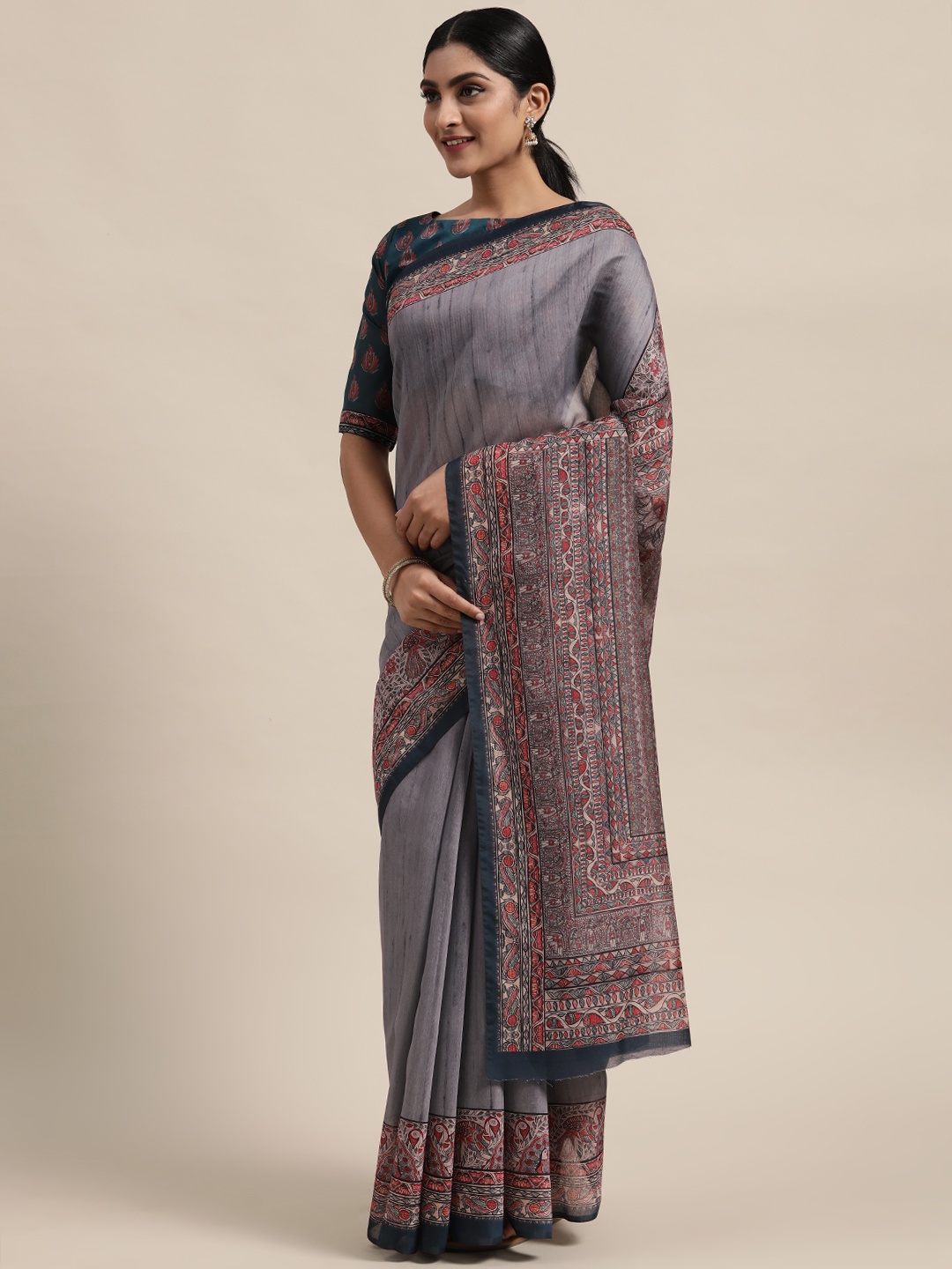 

Shaily Grey Solid Silk Blend Saree