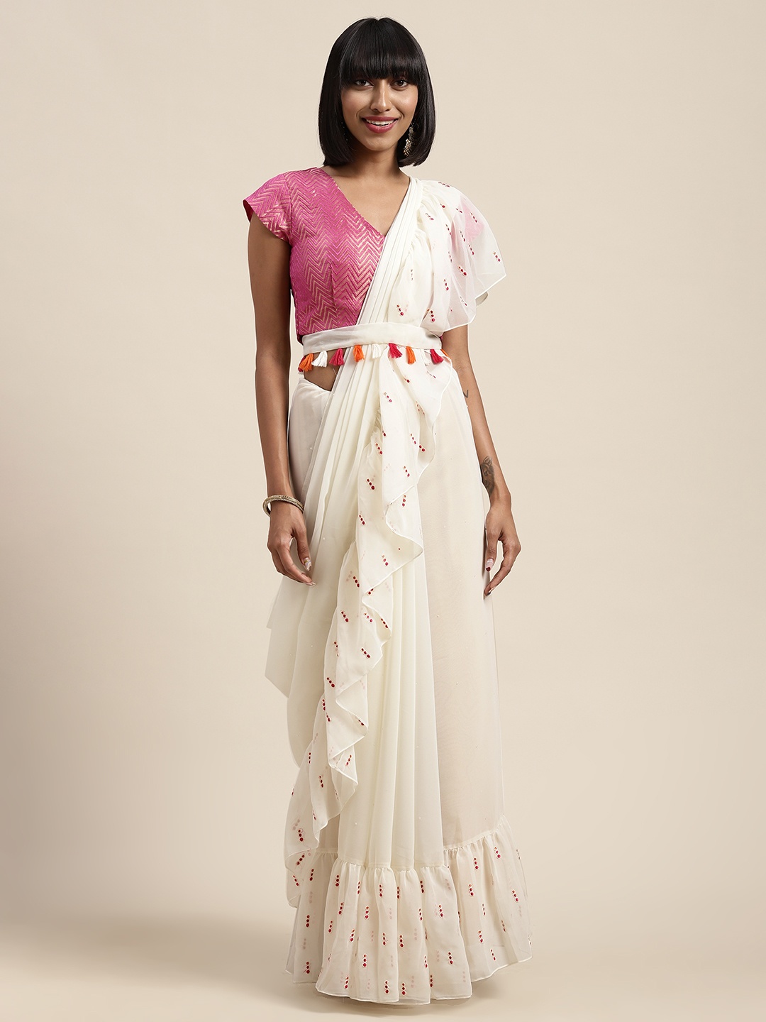 

Shaily White Solid Poly Georgette Ruffled Saree