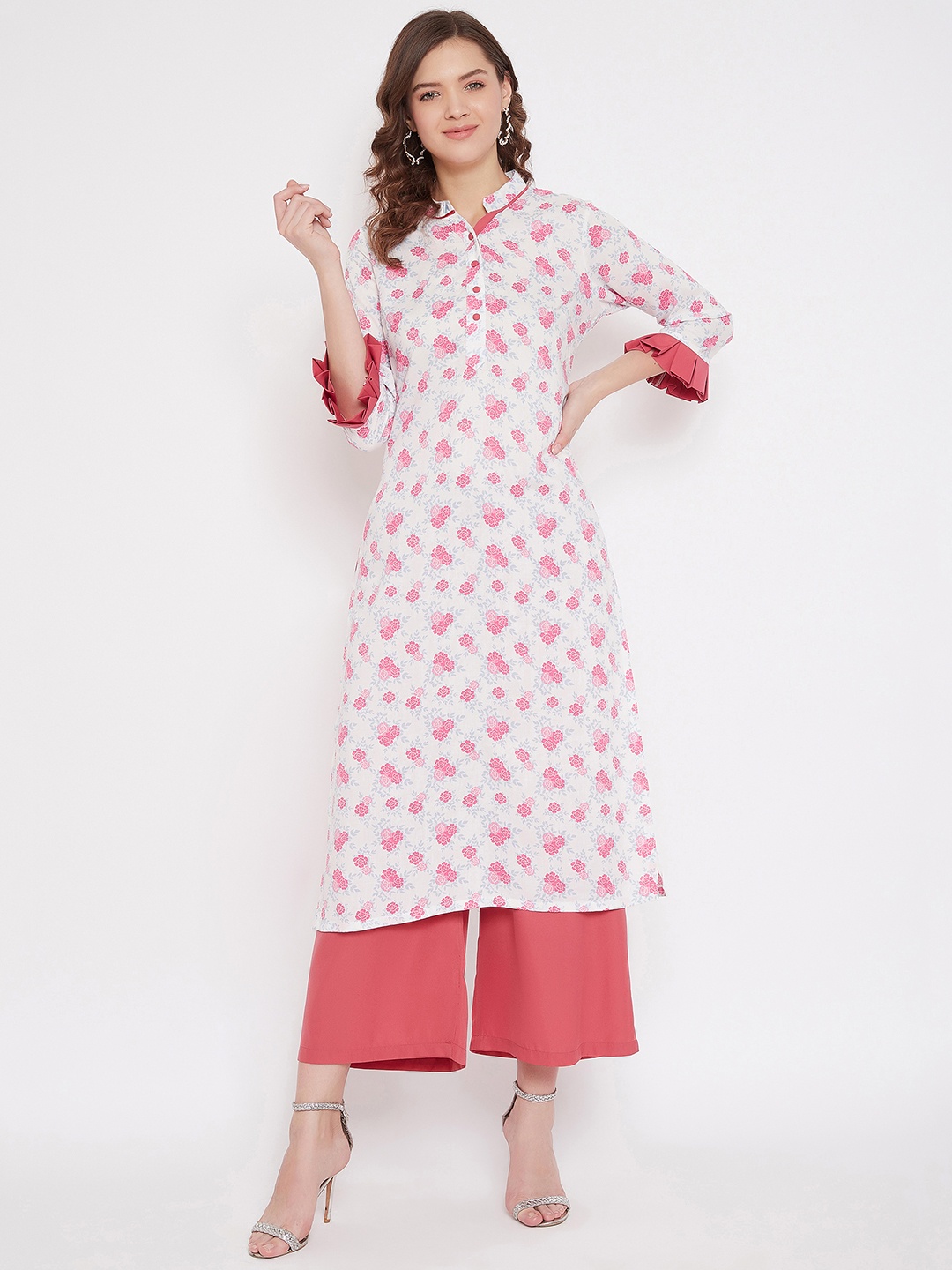 

Bitterlime Women White & Pink Floral Printed Straight Kurta with Palazzos