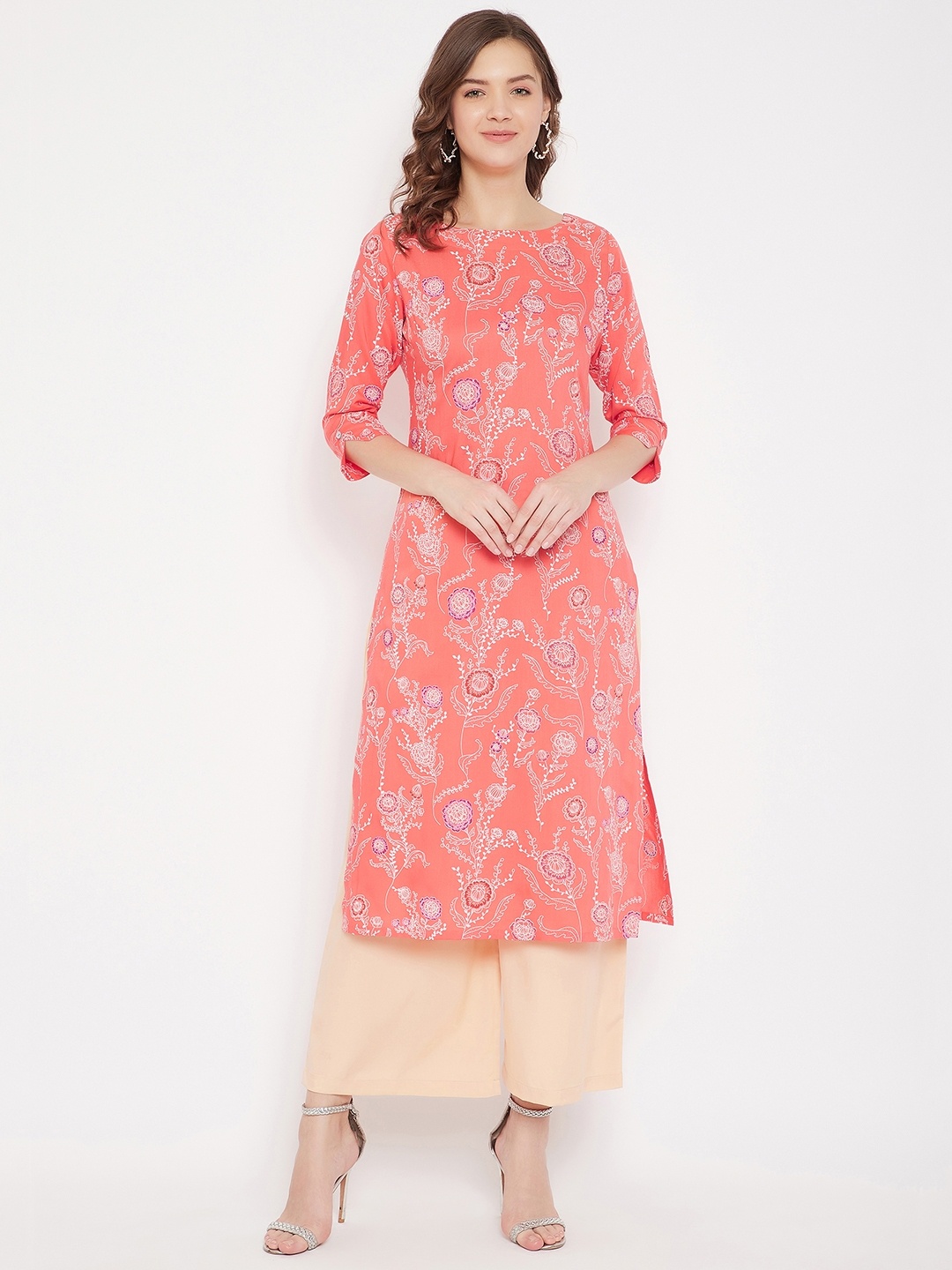 

Bitterlime Women Coral Pink Floral Printed Straight Kurta with Beige Solid Palazzos