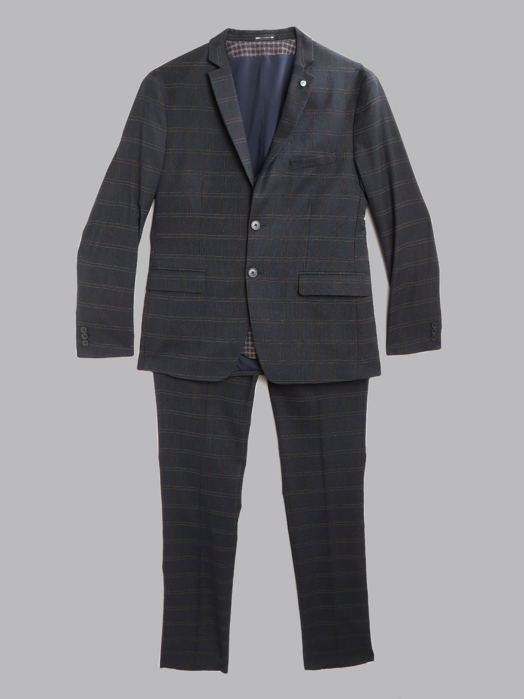 

Arrow New York Men Navy Blue & Yellow Checked Zero Calorie Slim Fit 3 Piece Formal Suit