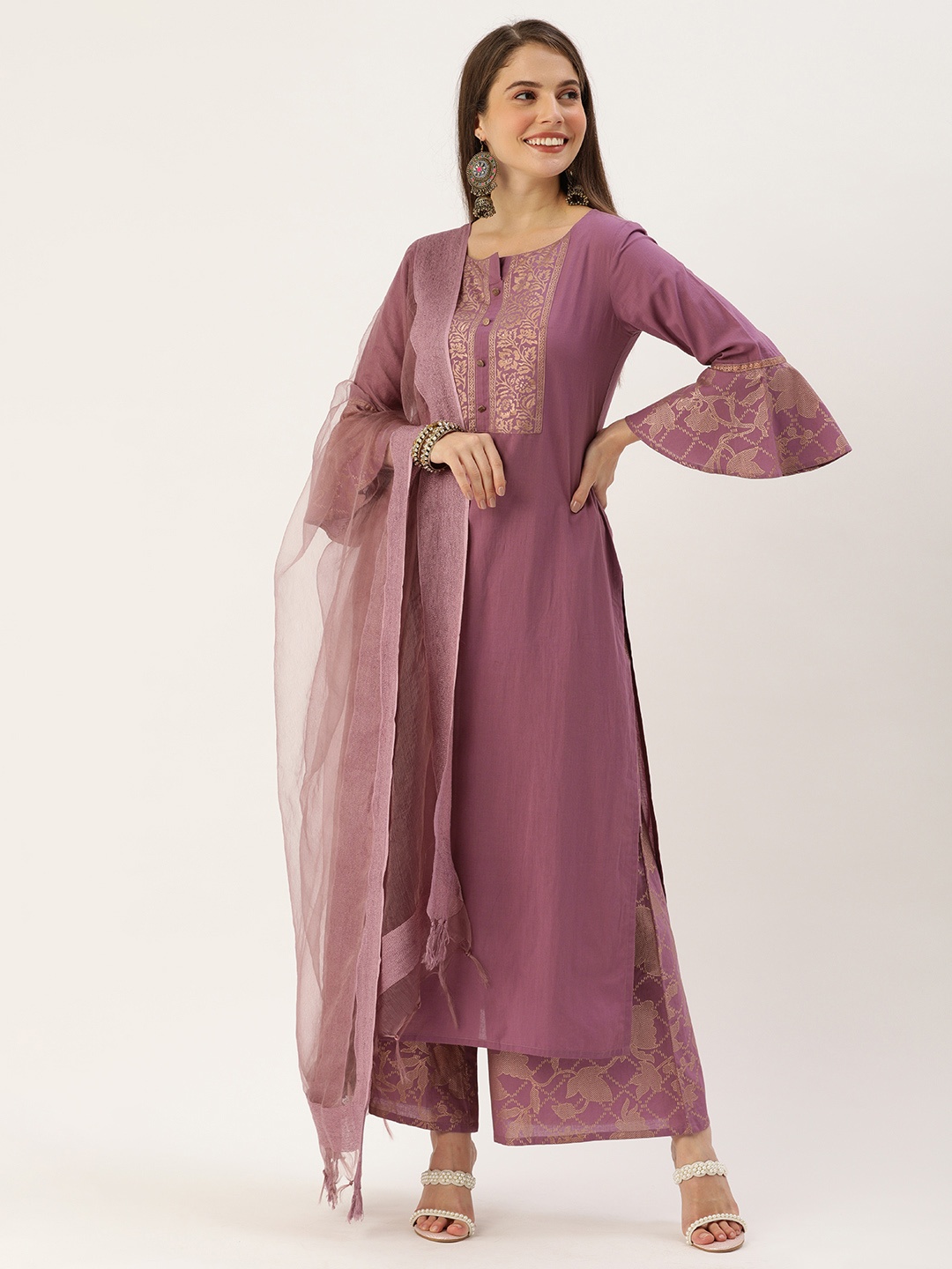 

Varanga Women Mauve Floral Printed Kurta with Palazzos & With Dupatta