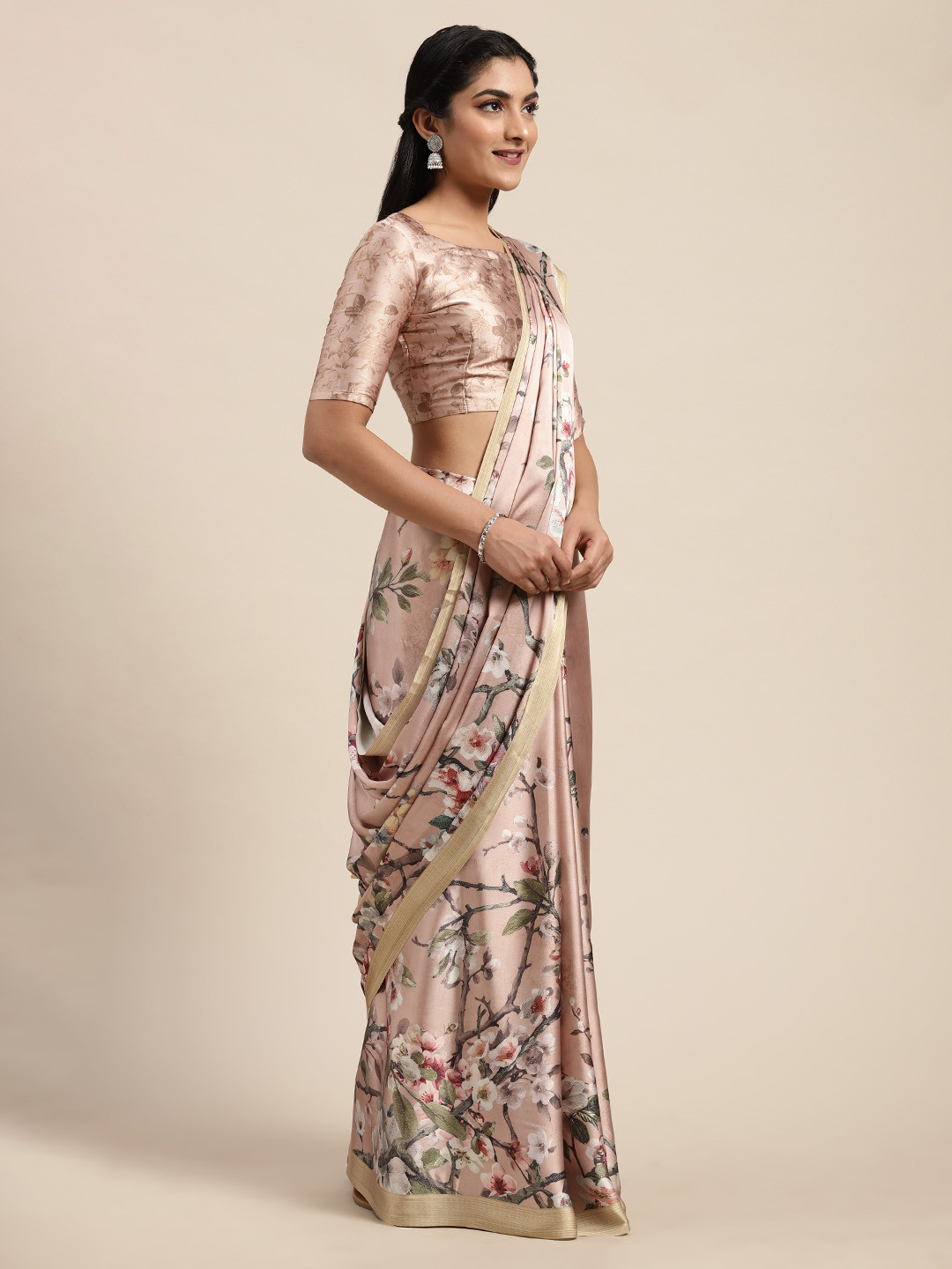 

Saree mall Brown & Maroon Satin Floral Printed Bomkai silk Saree