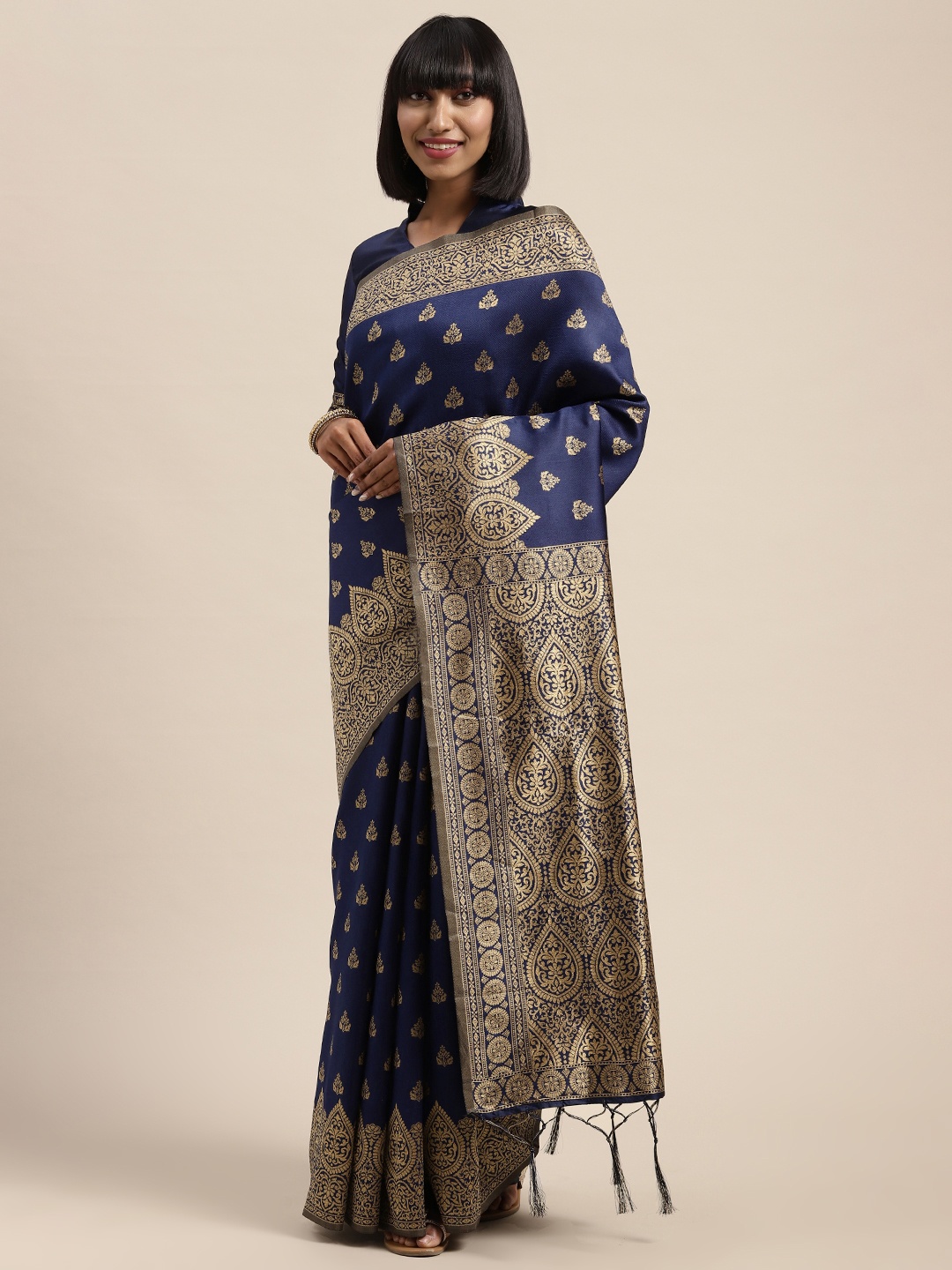 

Saree mall Navy Blue & Gold-Toned Woven Design Saree