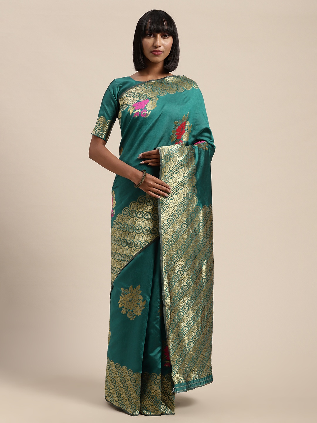 

Saree mall Teal Silk Blend Woven Design Banarasi Saree