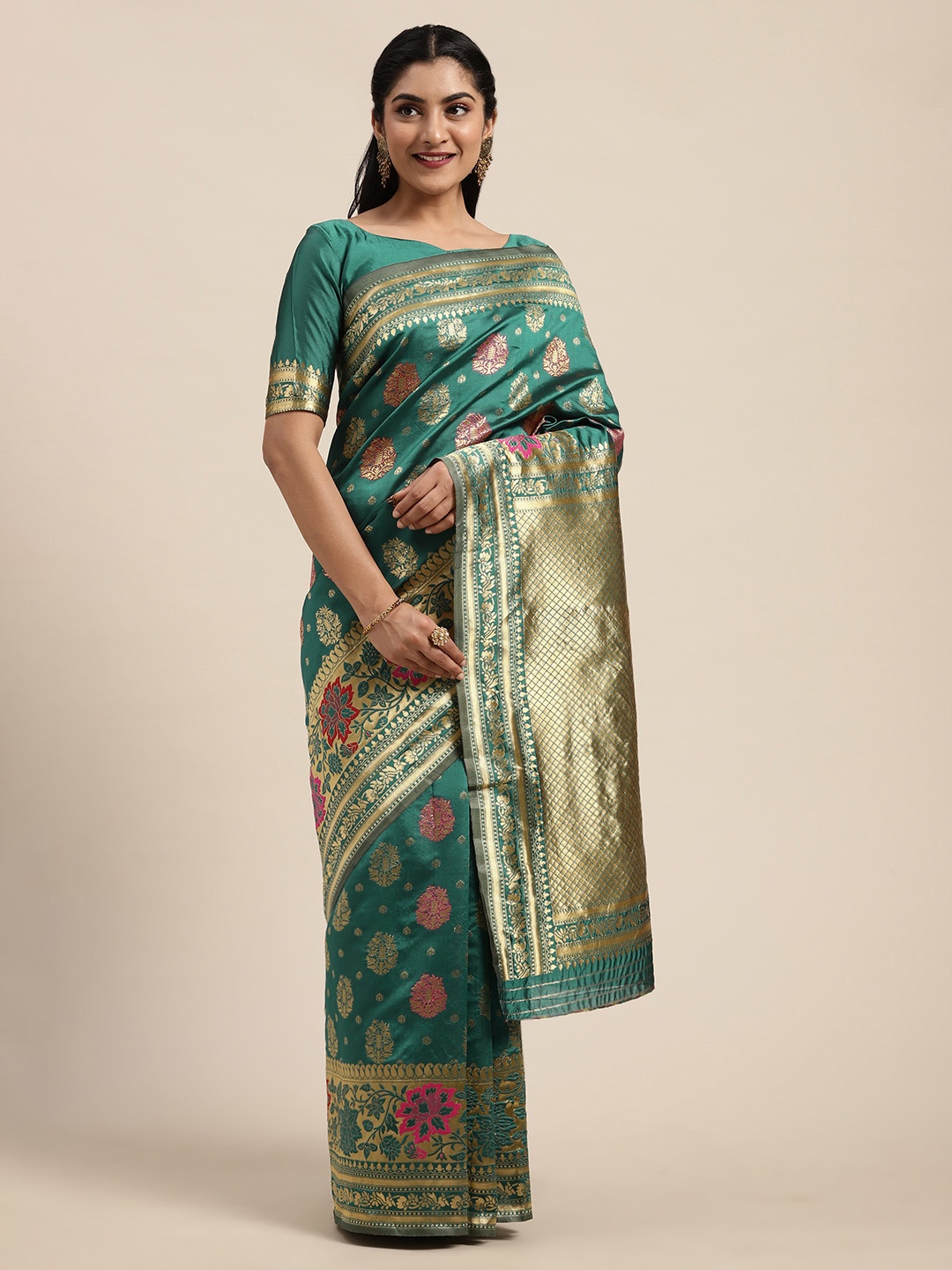 

Saree mall Teal Green & Golden Silk Blend Woven Design Banarasi Saree