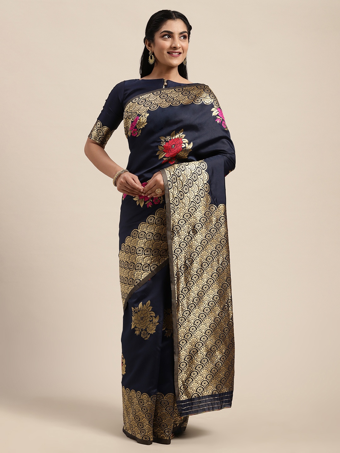

Saree mall Navy Blue Silk Blend Woven Design Banarasi Saree