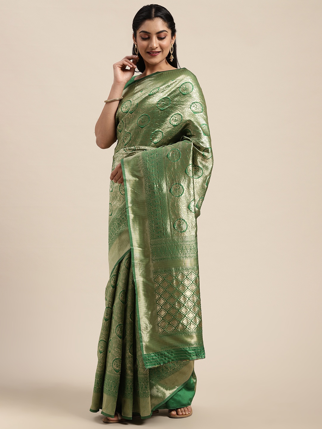 

Saree mall Green & Gold-Toned Silk Blend Woven Design Saree