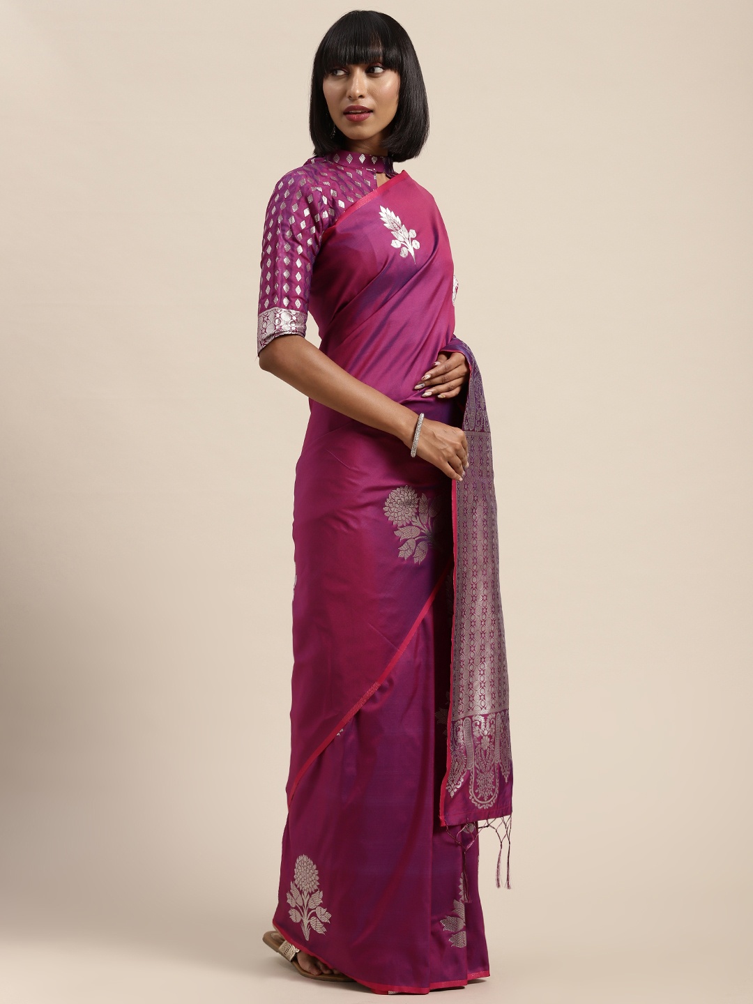 

Saree mall Magenta & Silver-Toned Woven Design Saree