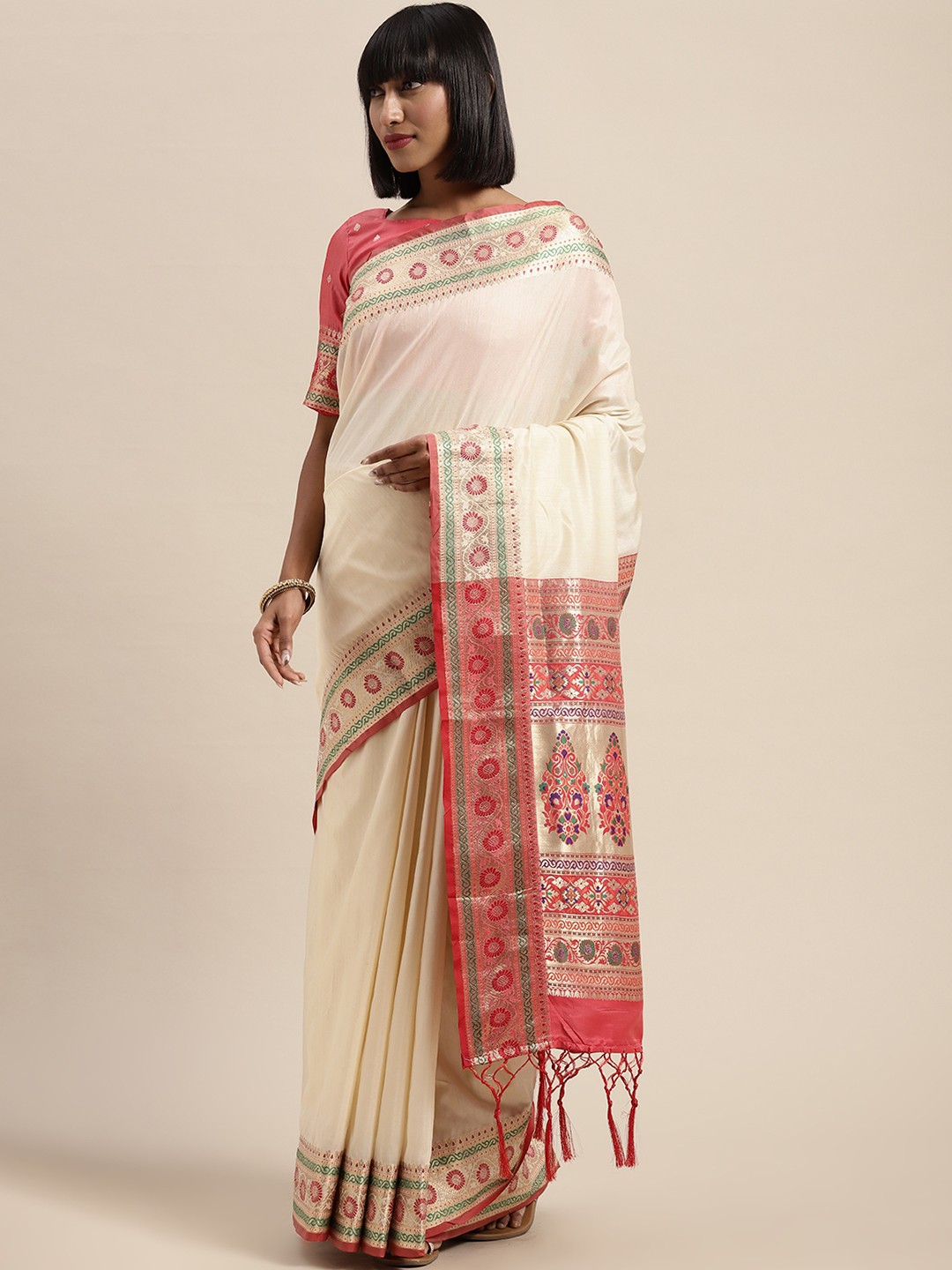 

Saree mall Cream-Coloured & Pink Solid Banarasi Saree