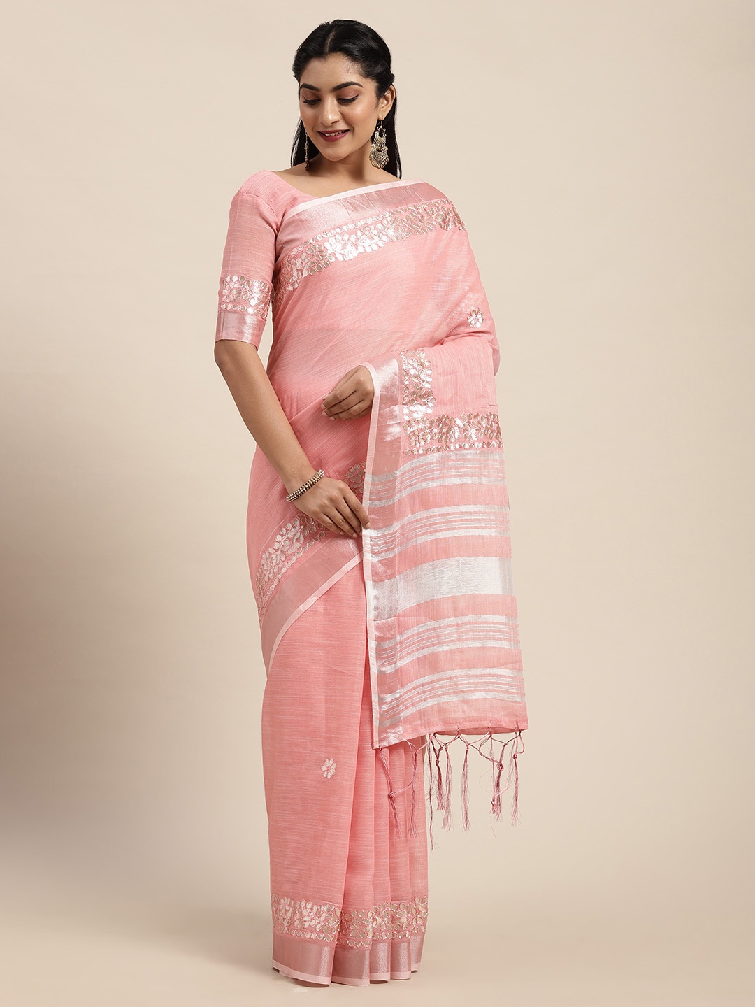 

Saree mall Peach-Coloured Pure Linen Solid Block Print Saree