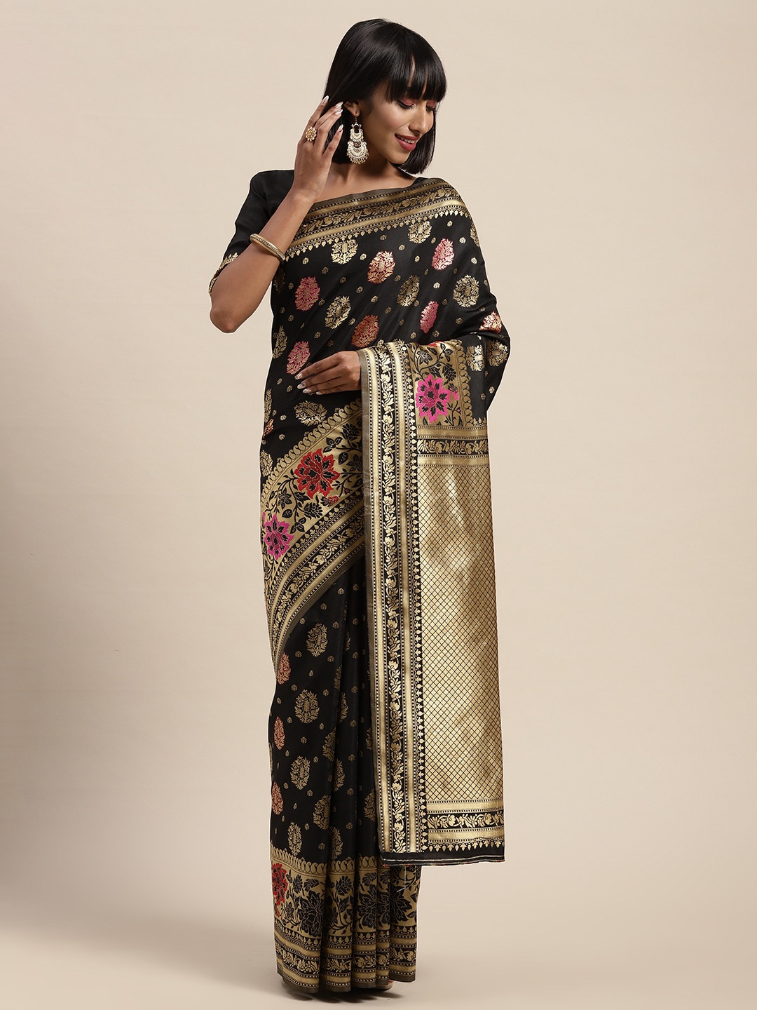 

Saree mall Black & Gold-Toned Woven Design Banarasi Saree