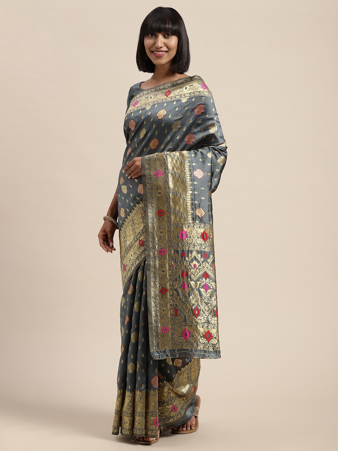 

Saree mall Grey & Gold-Toned Woven Design Saree