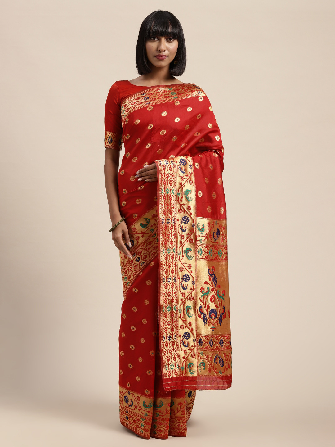 

Saree mall Red Silk Blend Woven Design Block Print Saree