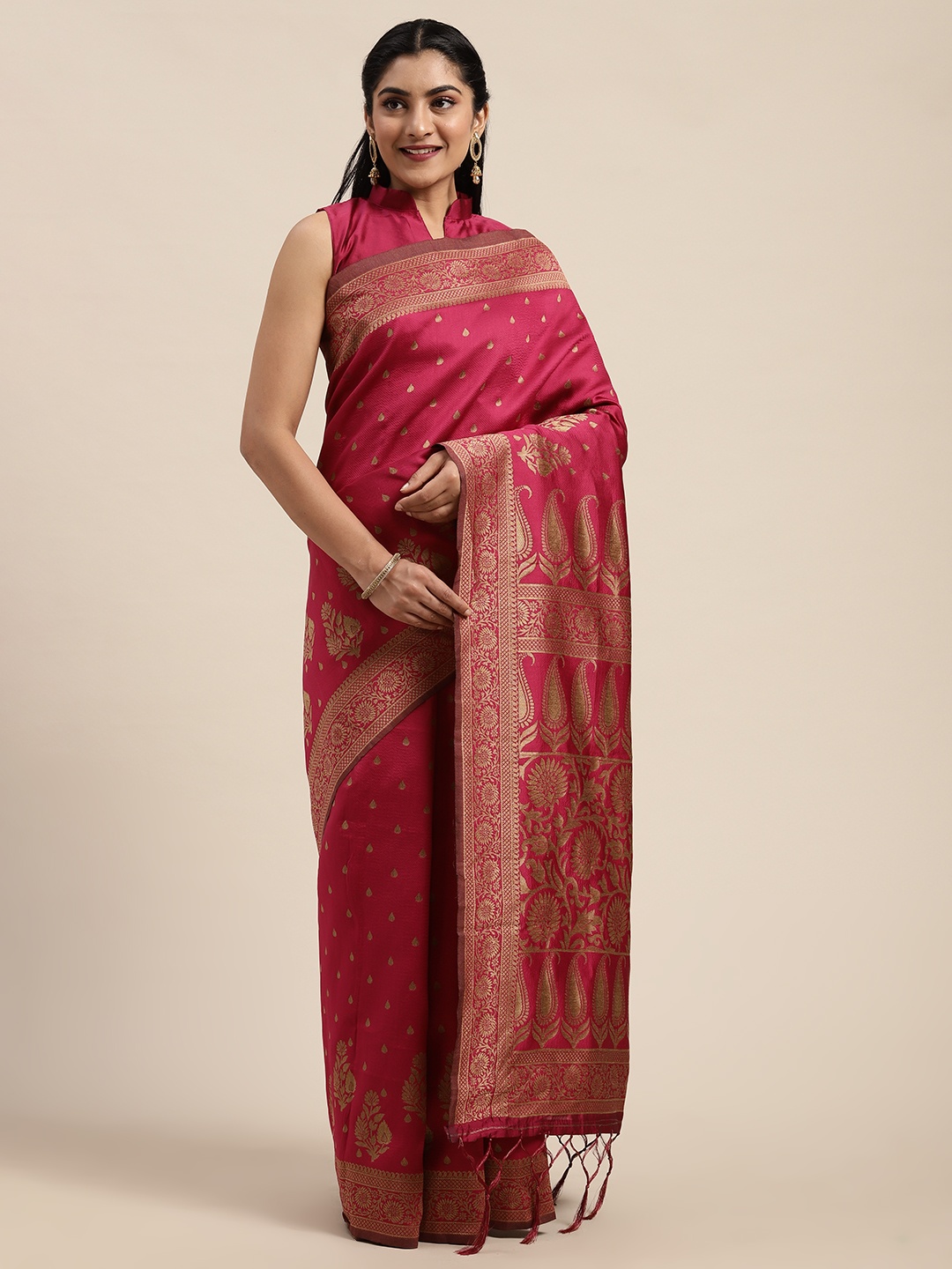 

Saree mall Magenta Pink Silk Blend Woven Design Banarasi Saree