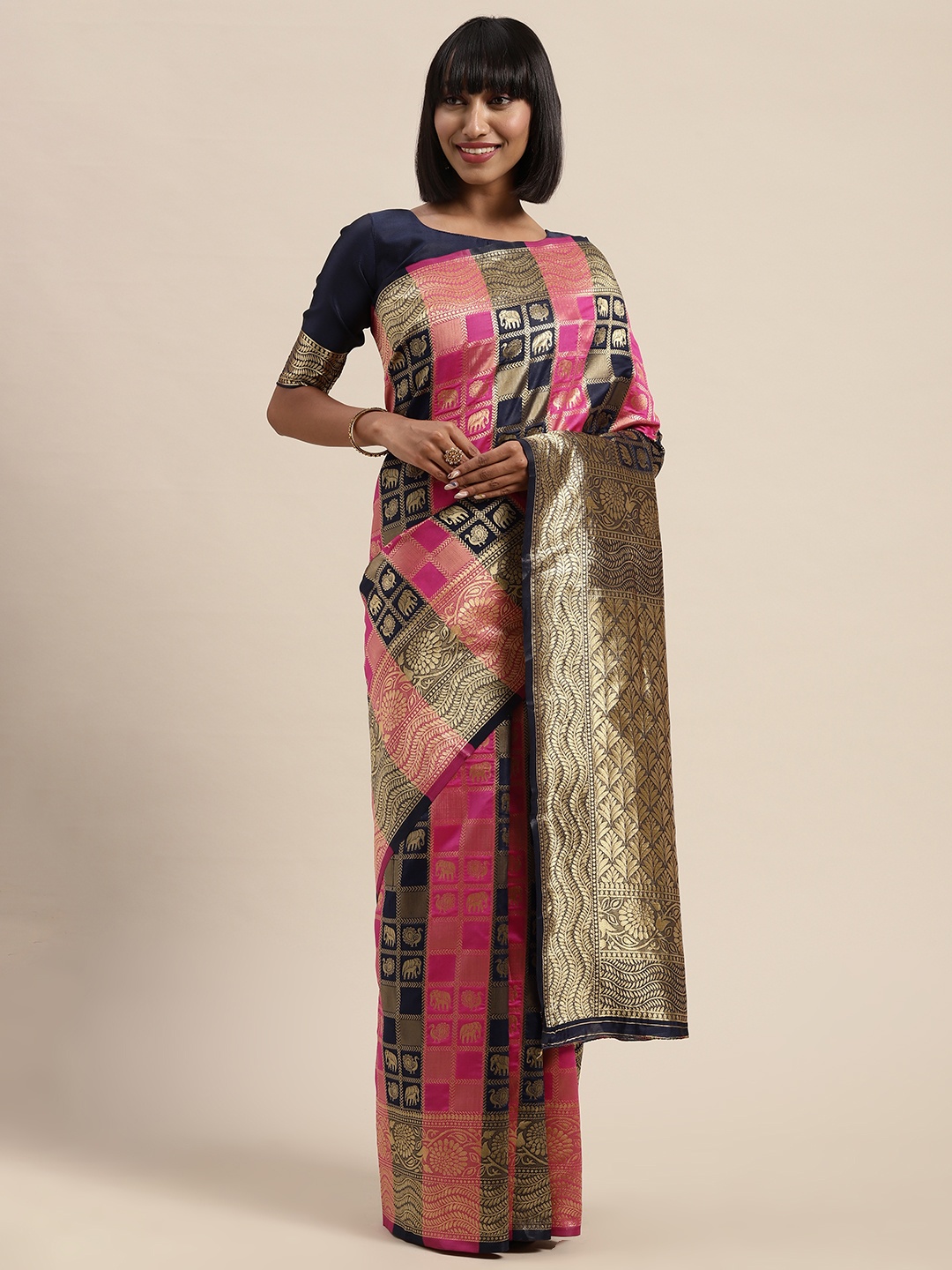 

Saree mall Pink & Navy Blue Silk Blend Woven Design Banarasi Saree