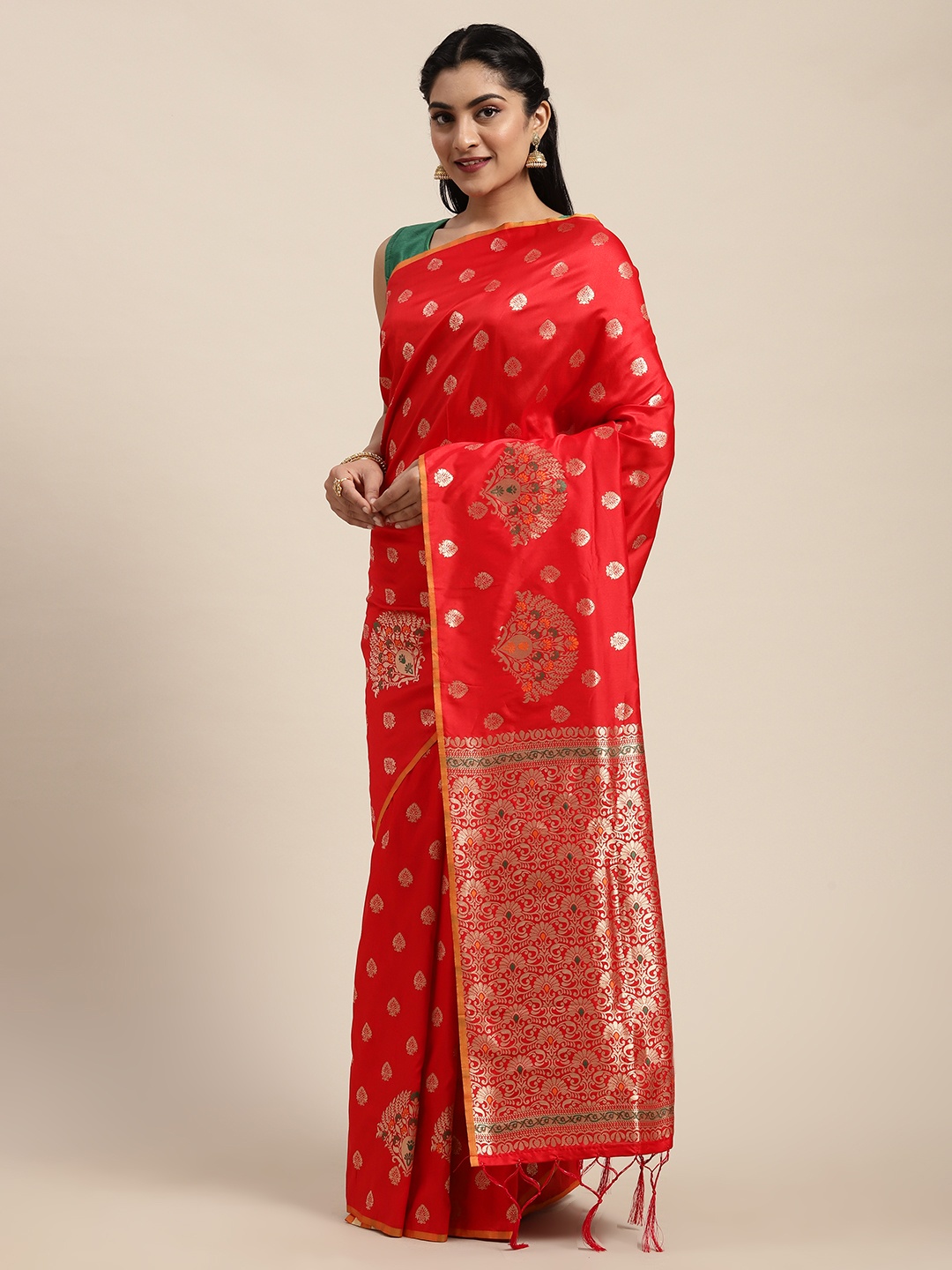

Saree mall Red & Gold-Toned Silk Blend Woven Design Block Print Saree