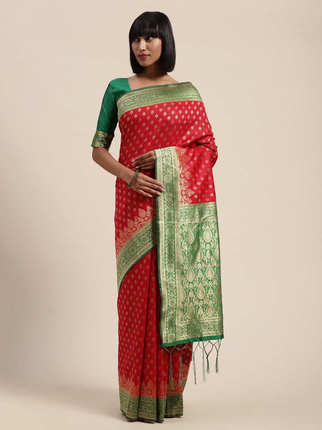 

Saree mall Red & Green Silk Blend Woven Design Block Print Saree