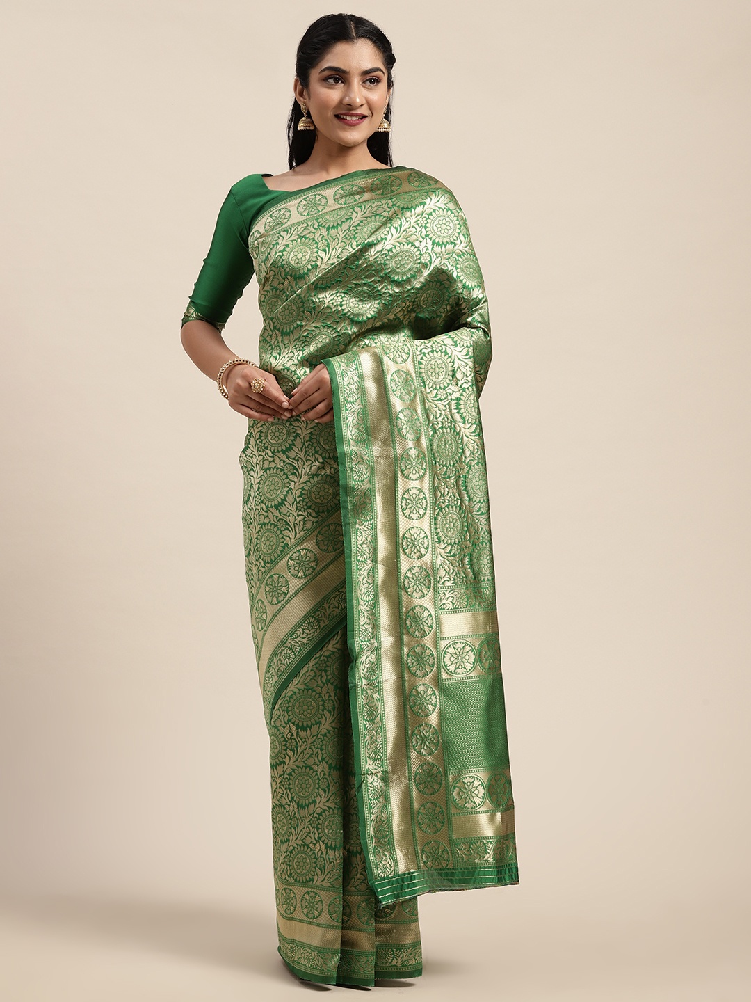 

Saree mall Green & Gold-Toned Silk Blend Woven Design Block Print Saree