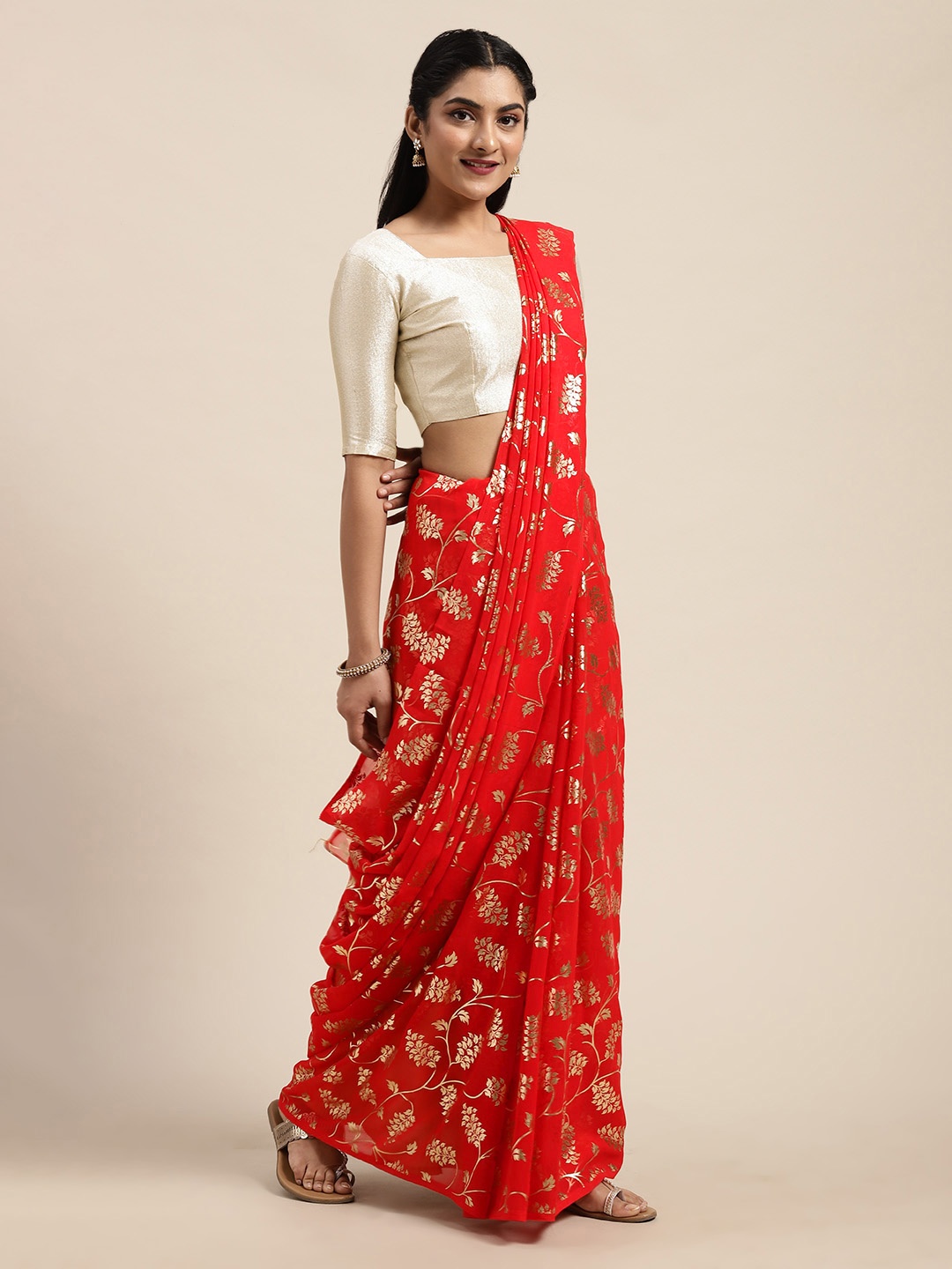 

Saree mall Red Gold-Toned Poly Georgette Printed Saree