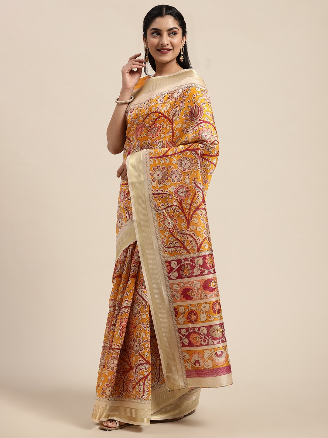 

Saree mall Mustard Art Silk Printed Paithani Saree