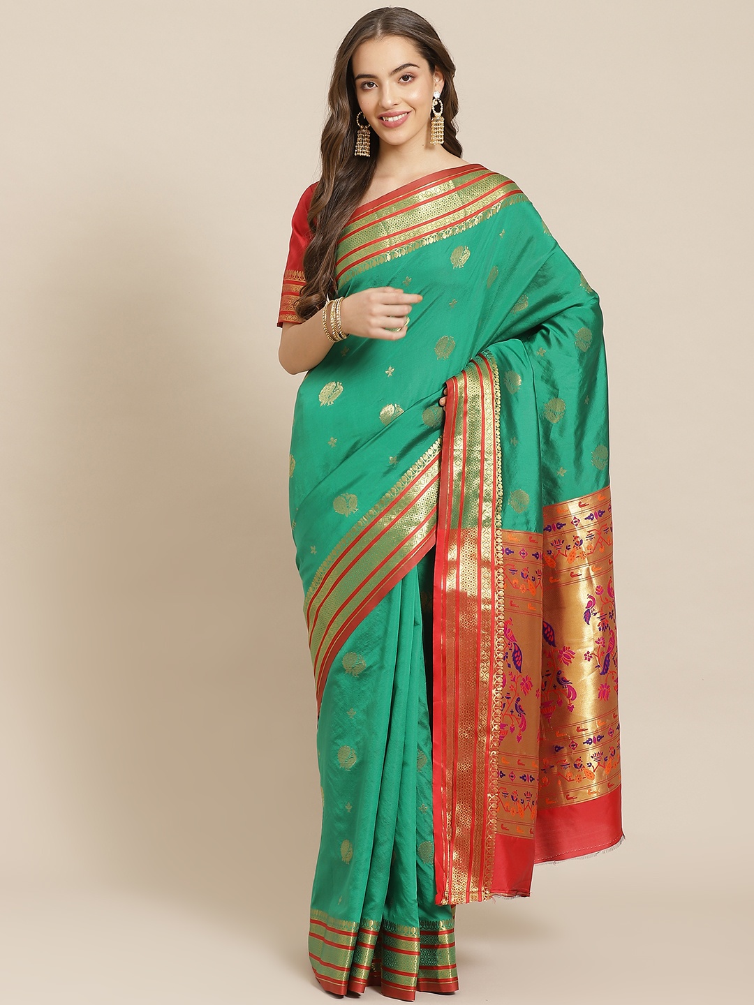 

SHANGRILA Green & Golden Pure Silk Zari Woven Design Paithani Celebrity Saree