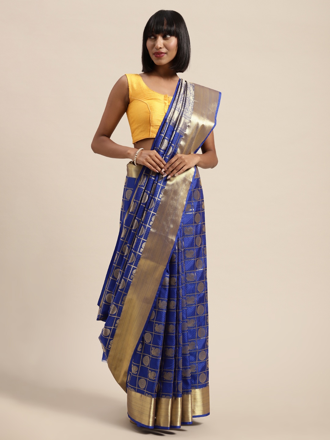 

Mitera Blue & Gold-Toned Art Silk Woven Design Kanjeevaram Saree