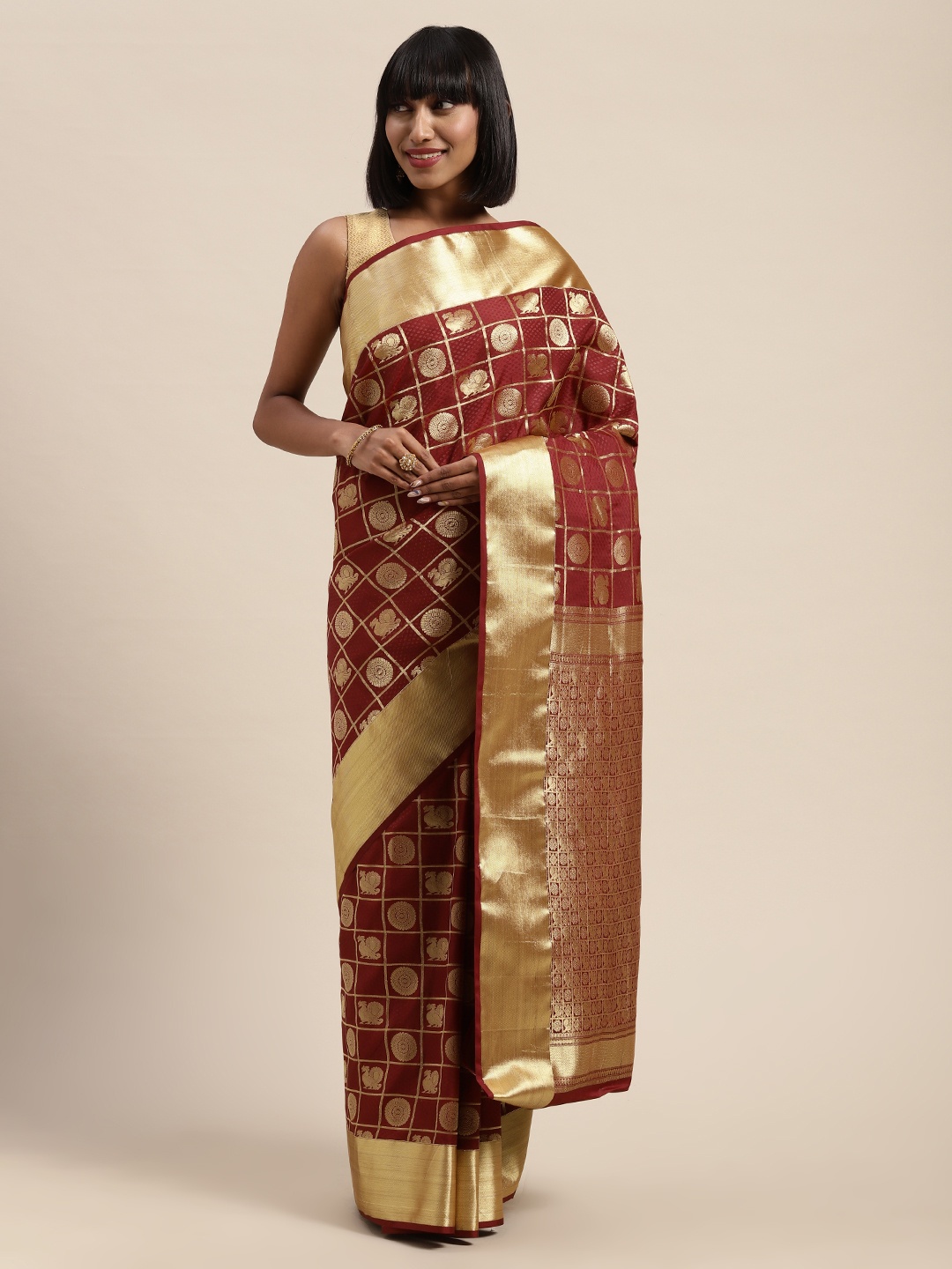 

Mitera Maroon & Gold-Toned Art Silk Woven Design Kanjeevaram Saree