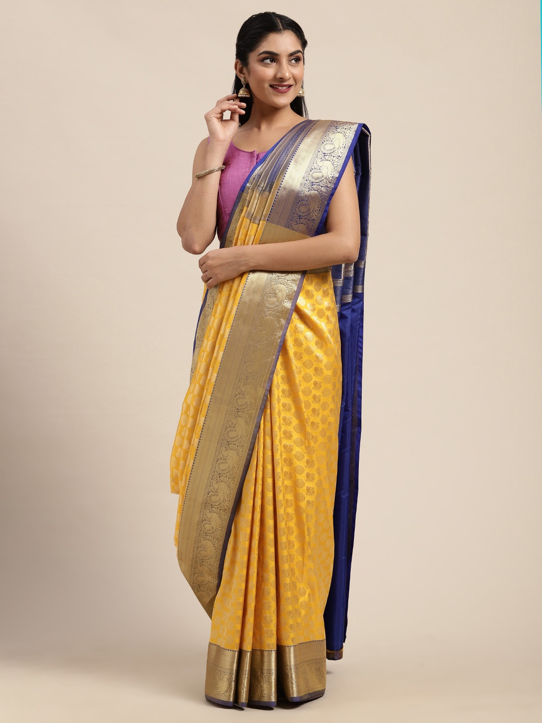 

Mitera Yellow & Navy Blue Art Silk Woven Design Kanjeevaram Saree