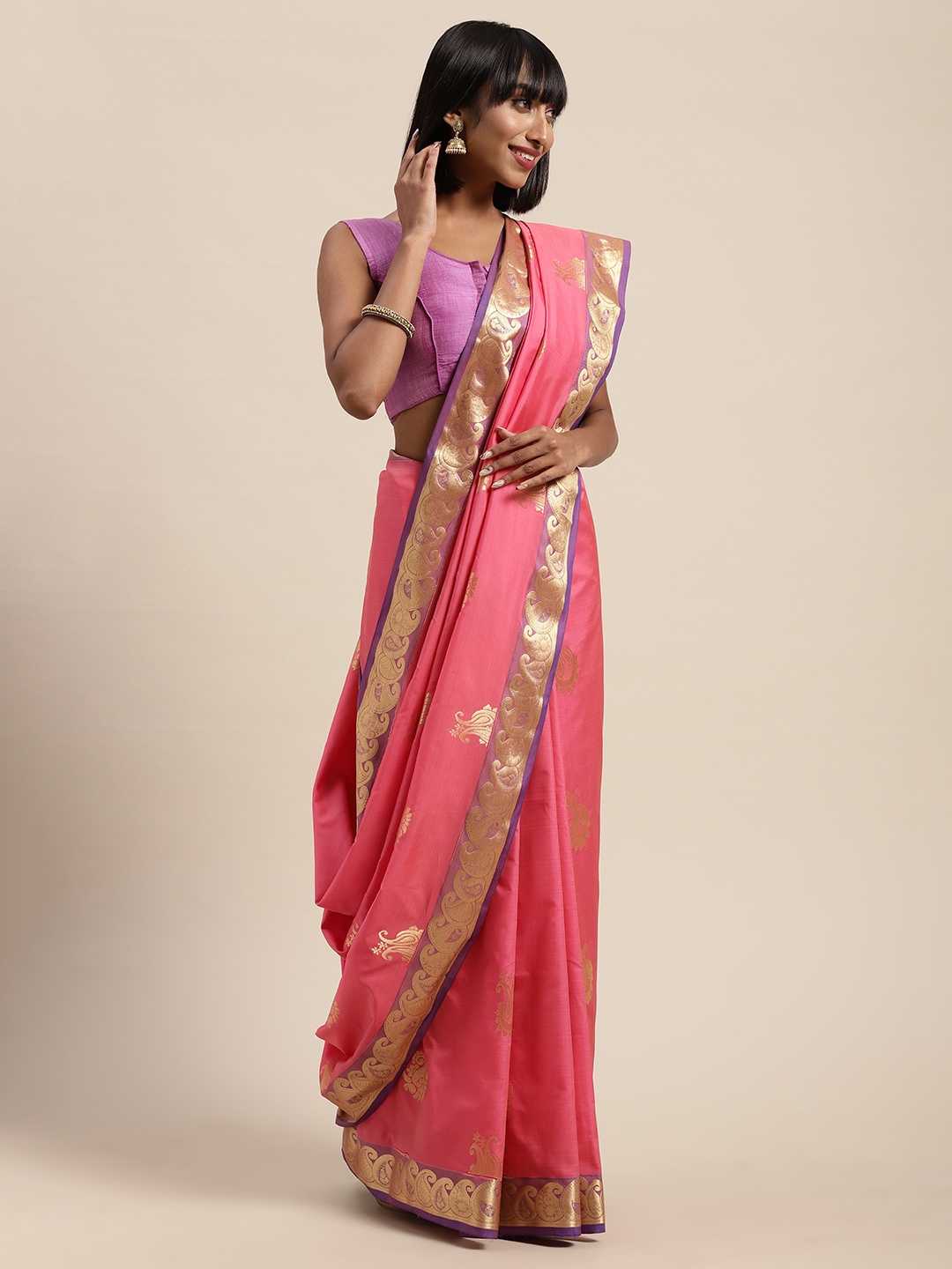

Mitera Pink & Gold-Toned Art Silk Woven Design Kanjeevaram Saree