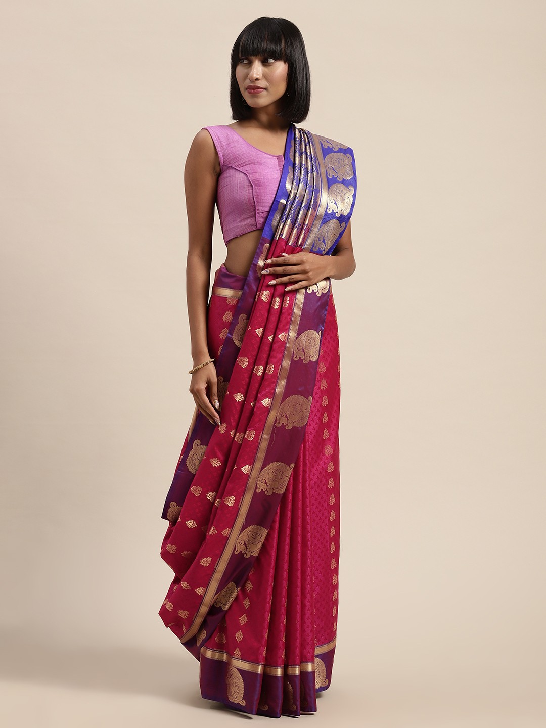 

Mitera Pink & Blue Art Silk Woven Design Kanjeevaram Saree