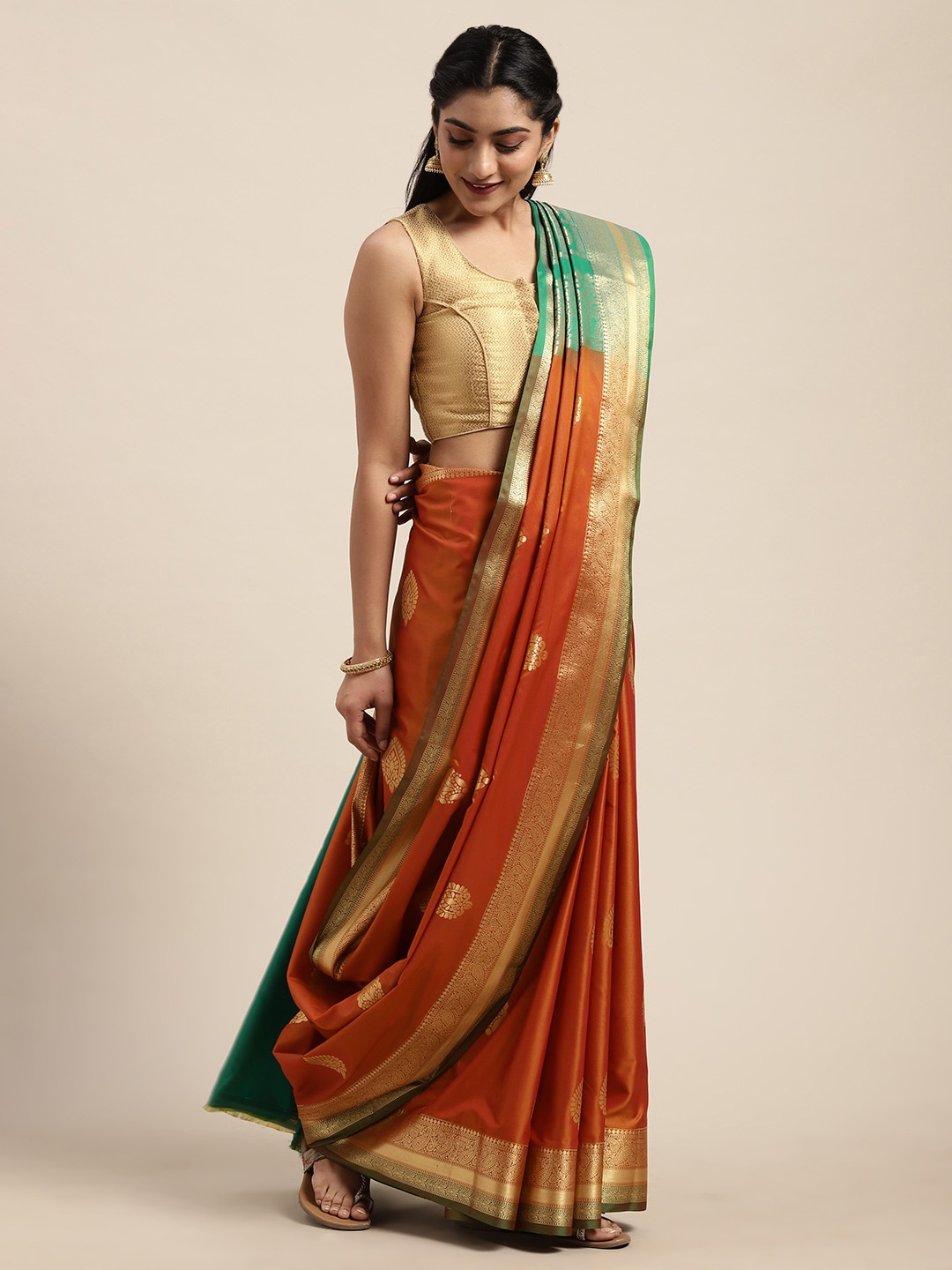 

Mitera Mustard & Gold-Toned Woven Design Kanjeevaram Saree