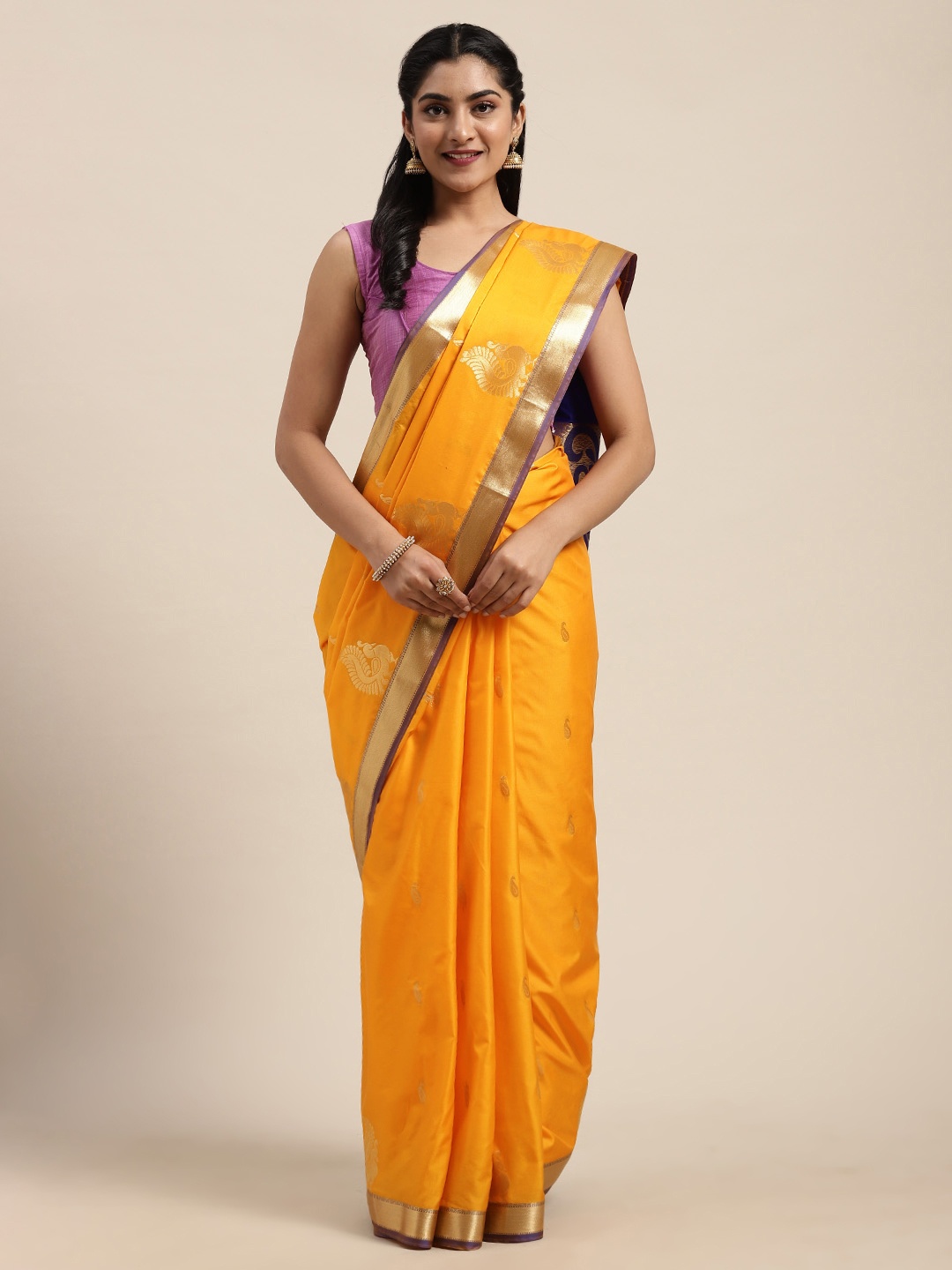 

Mitera Yellow & Gold-Toned Woven Design Kanjeevaram Saree