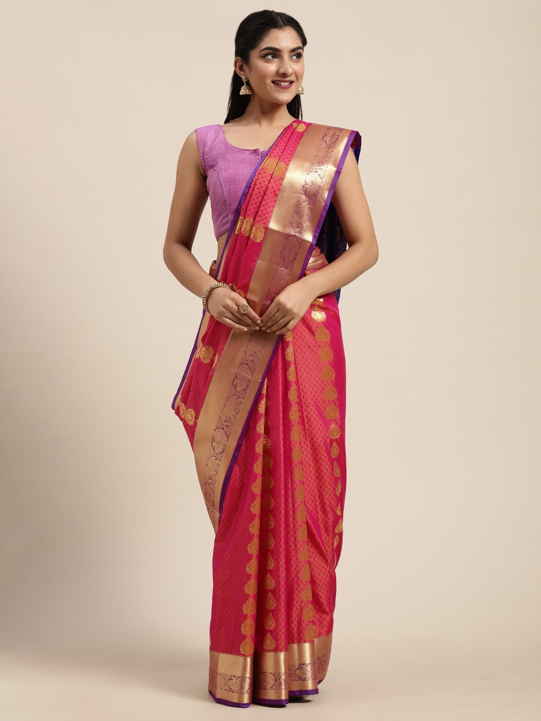 

Mitera Pink & Gold-Toned Woven Design Kanjeevaram Saree
