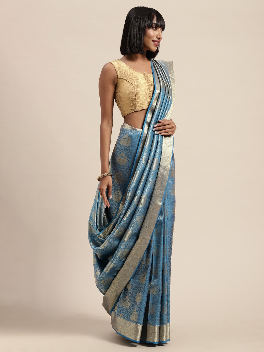 

Mitera Blue & Gold-Toned Art Silk Woven Design Kanjeevaram Saree