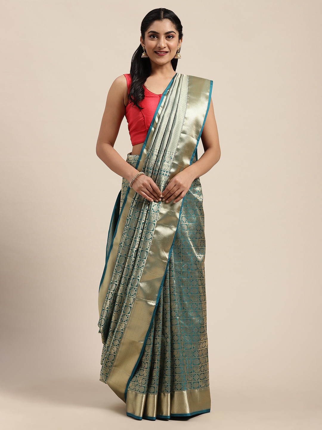 

Mitera Teal Blue & Gold-Toned Art Silk Woven Design Kanjeevaram Saree