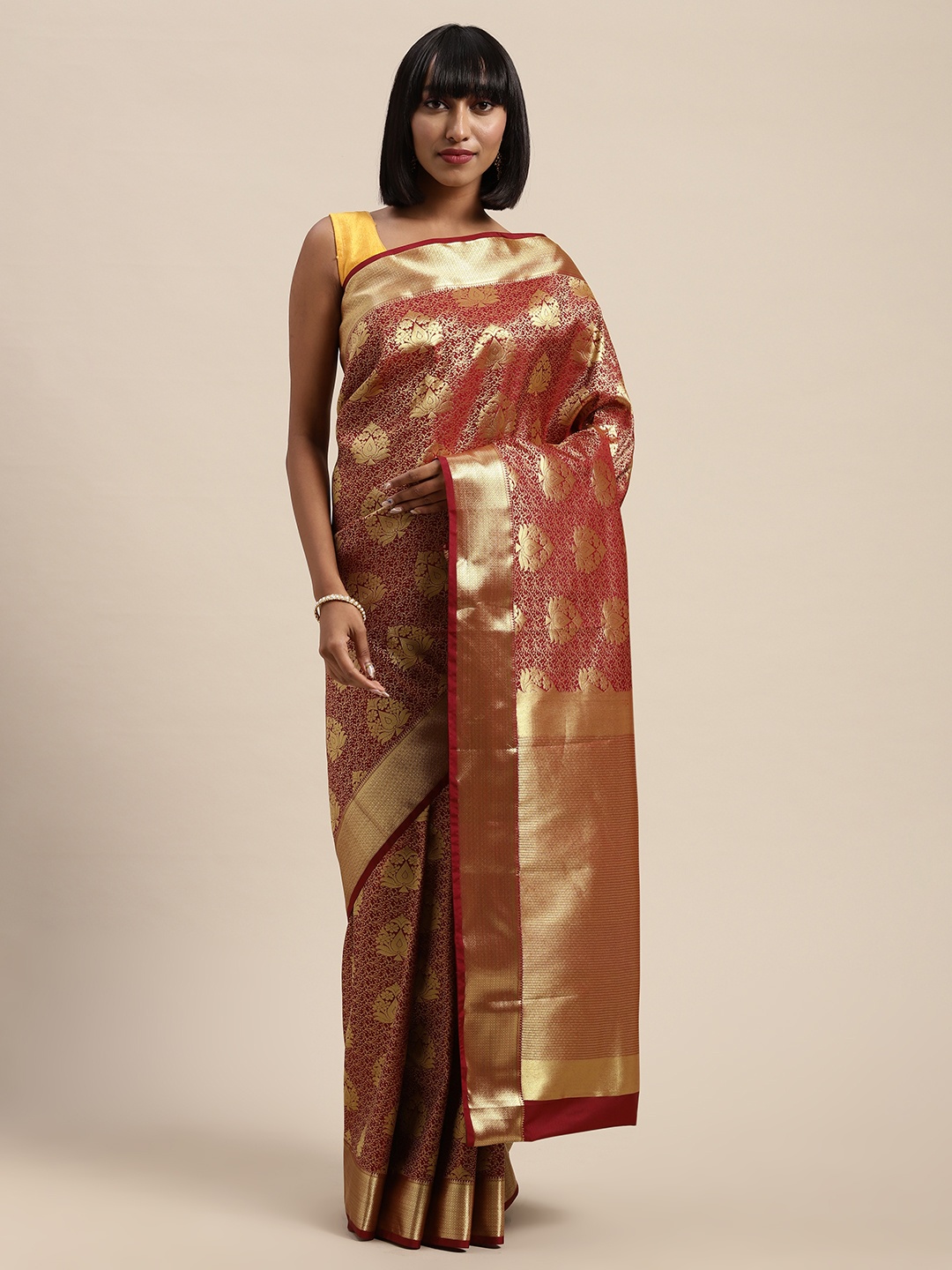 

Mitera Maroon & Gold-Toned Art Silk Woven Design Kanjeevaram Saree