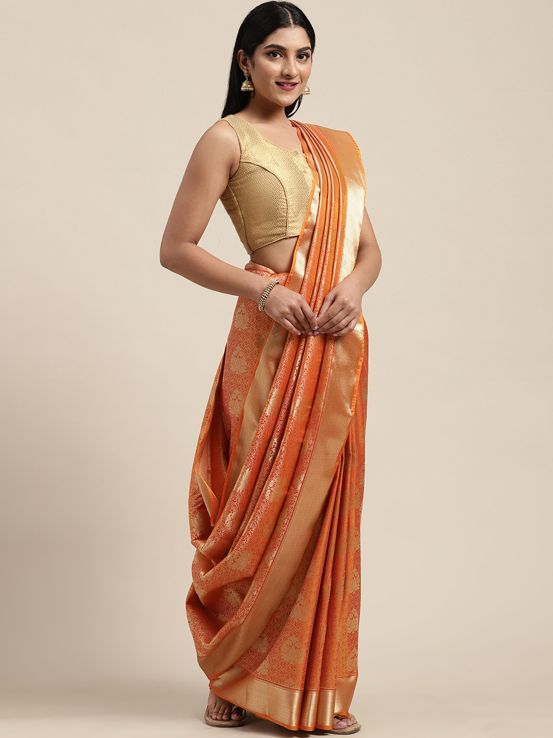 

Mitera Orange & Gold-Toned Art Silk Woven Design Kanjeevaram Saree