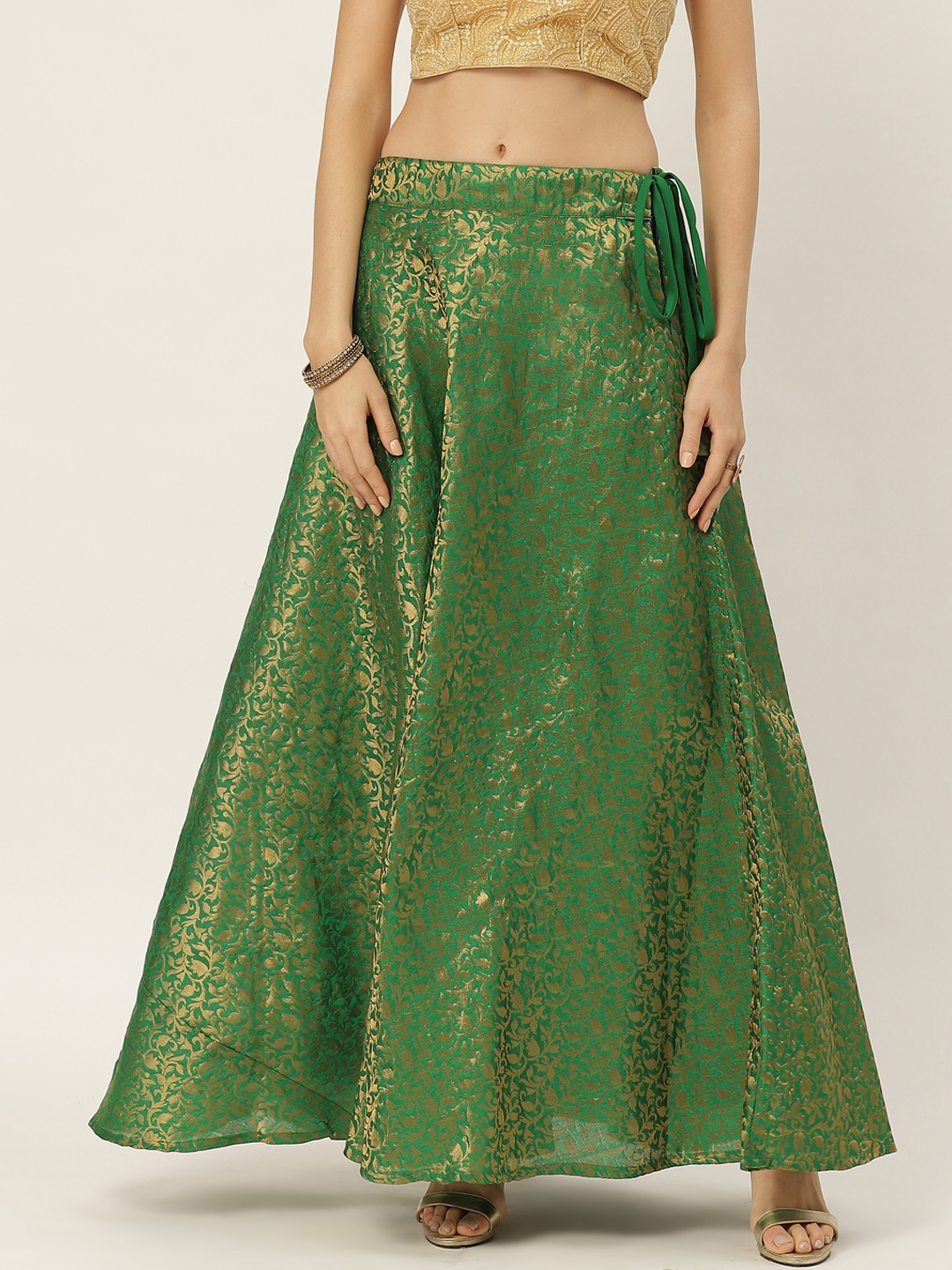 

Studio Shringaar Women Green & Golden Banaras Brocade Self Design Lehenga Skirt