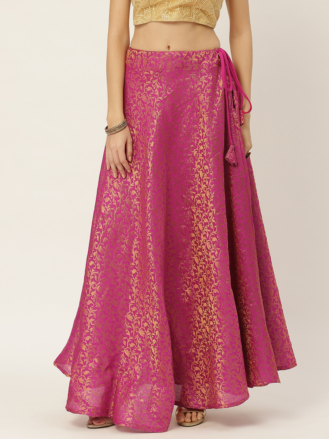 

Studio Shringaar Pink & Golden Banaras Brocade Self Design Lehenga Skirt