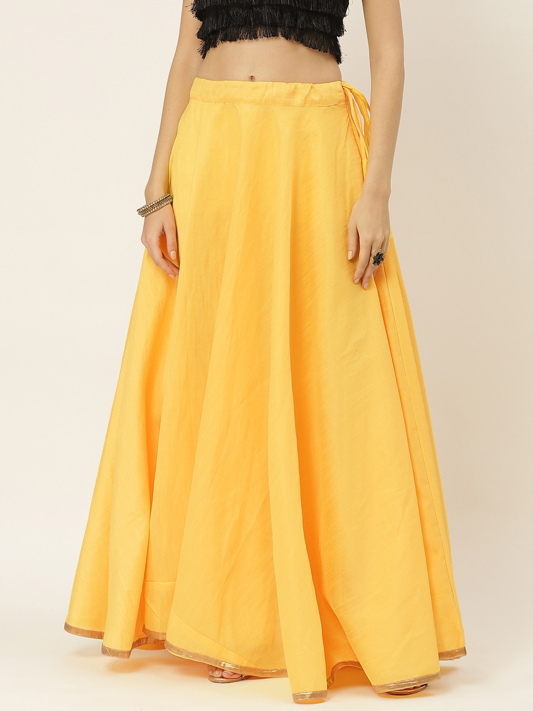 

Studio Shringaar Women Yellow Solid Full Flare Double Ghera Lehenga Skirt