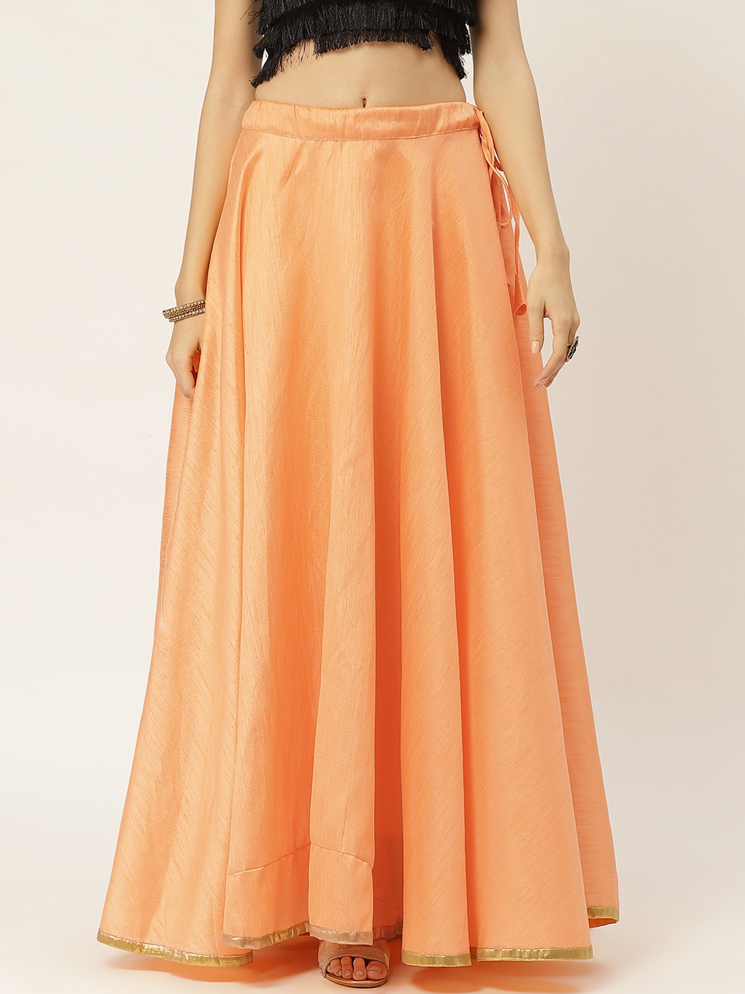 

Studio Shringaar Women Peach-Coloured Solid Full Flare Double Ghera Lehenga Skirt