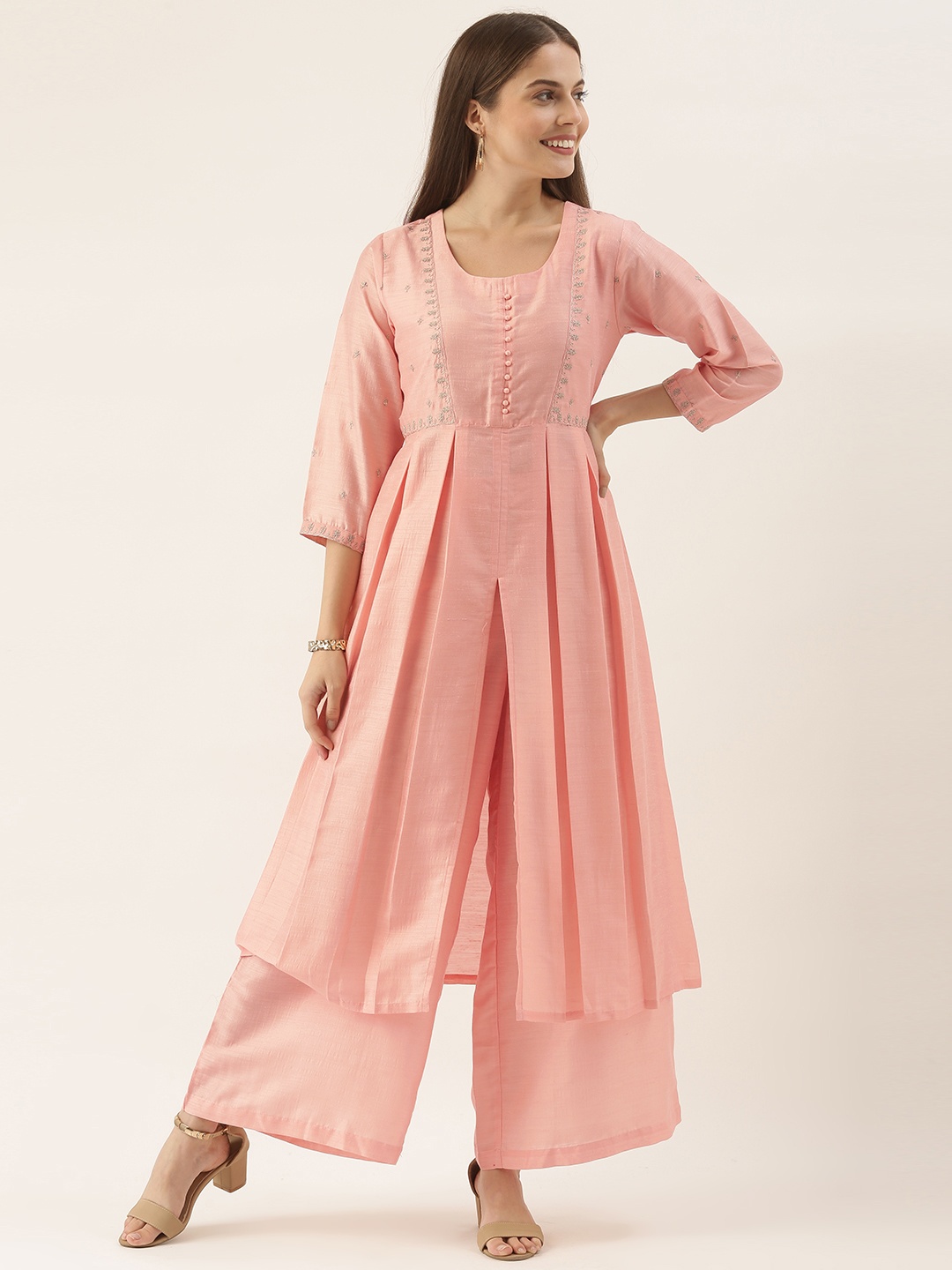 

Varanga Women Pink Ethnic Motifs Yoke Design Pleated Kurta with Palazzos