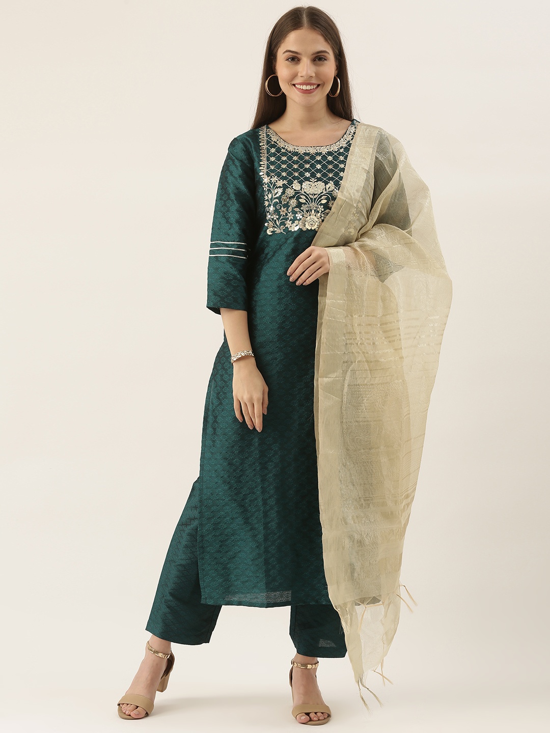 

Varanga Women Green Yoke Design Sequinned Kurta with Trousers & With Dupatta