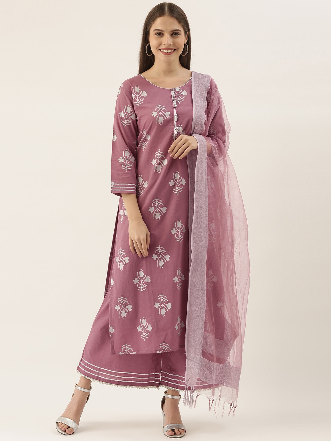 

Varanga Women Mauve Ethnic Motifs Printed Gotta Patti Pure Cotton Kurta Set