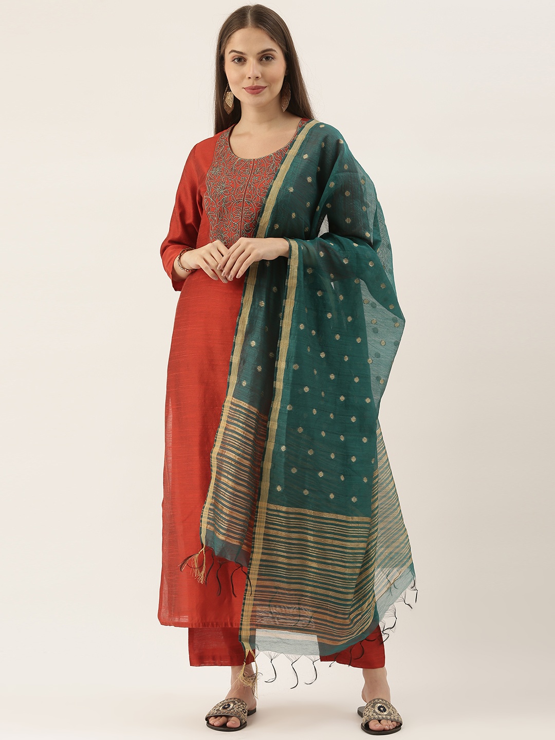 

Varanga Women Red Floral Yoke Design Thread Work Kurta with Palazzos & With Dupatta